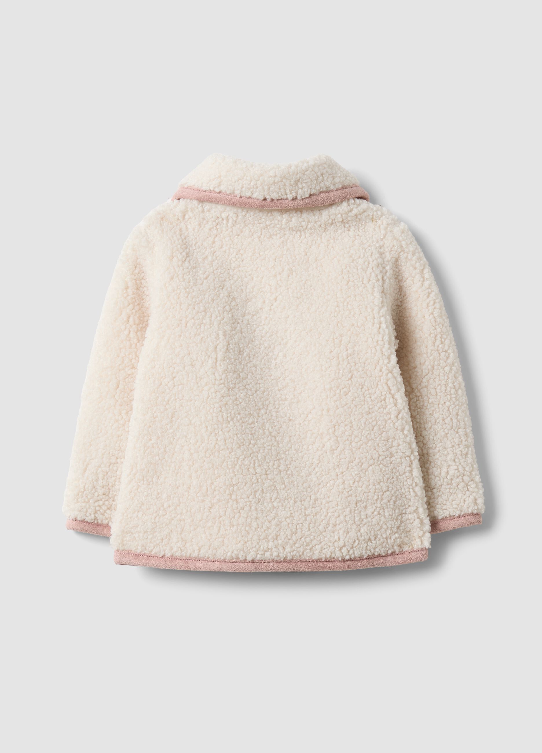 Beige padded teddy-effect jacket with collar and pink trim