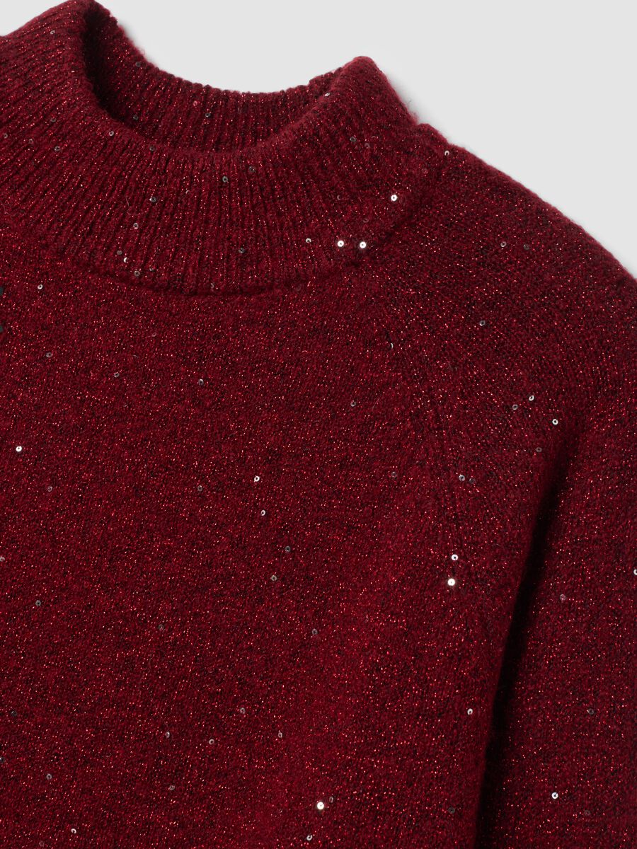 Red stretch top with high neck and sequins_1