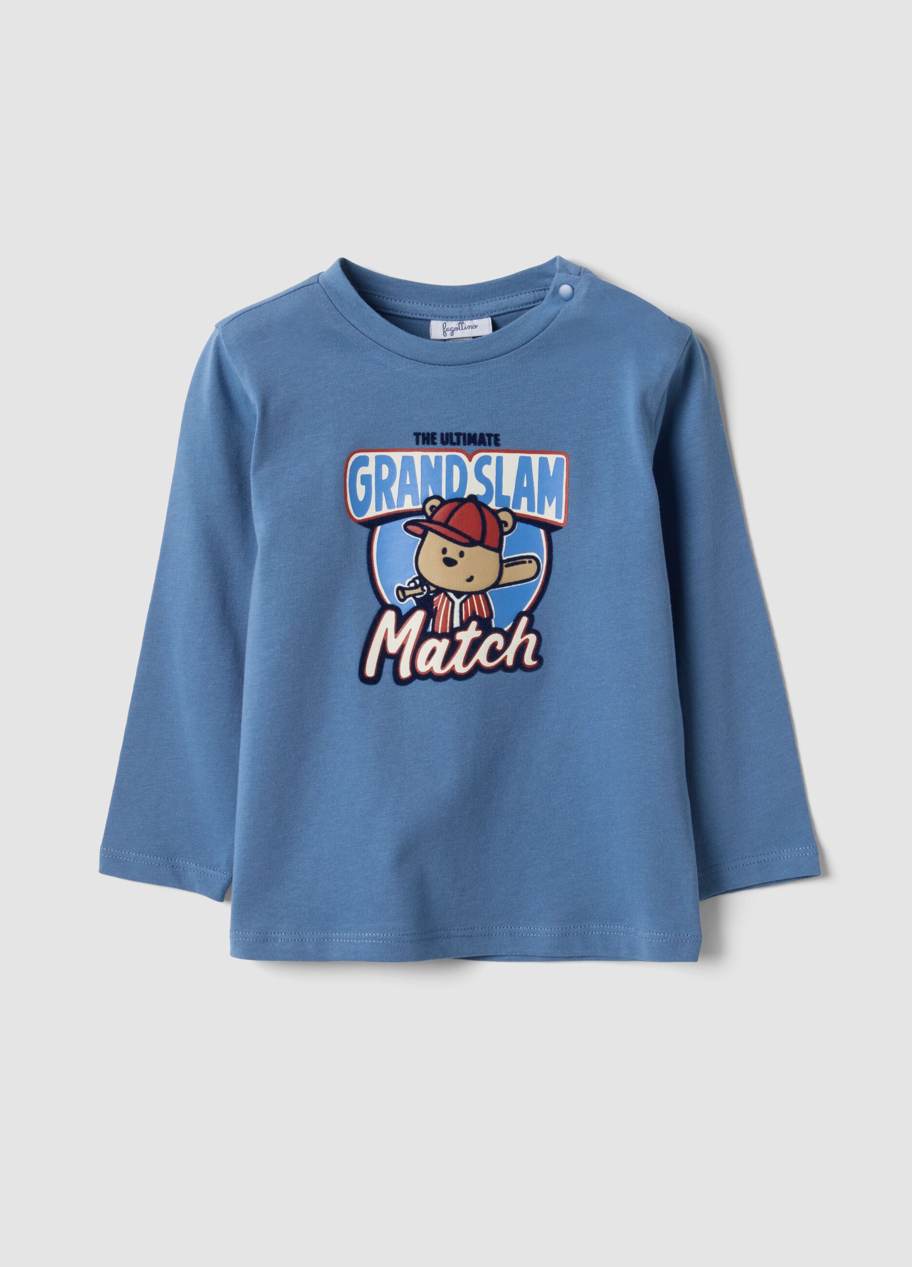 Blue organic cotton T-shirt with teddy bear print