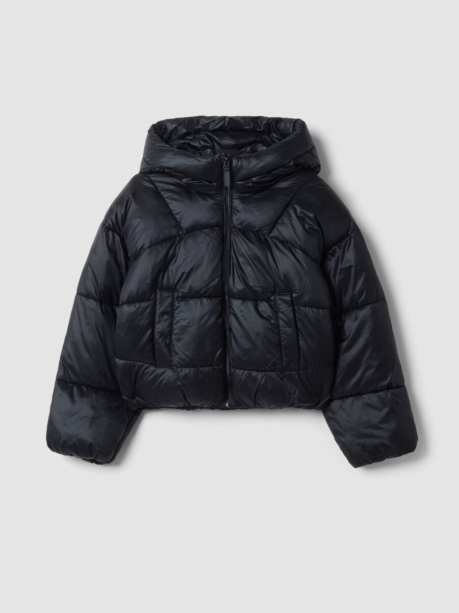 Black padded jacket with hood and zip_0