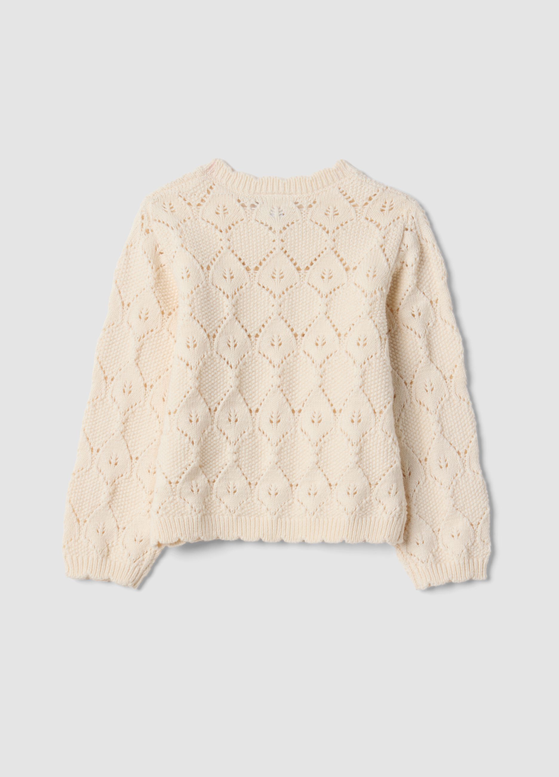 Beige openwork cotton-blend crew-neck cardigan