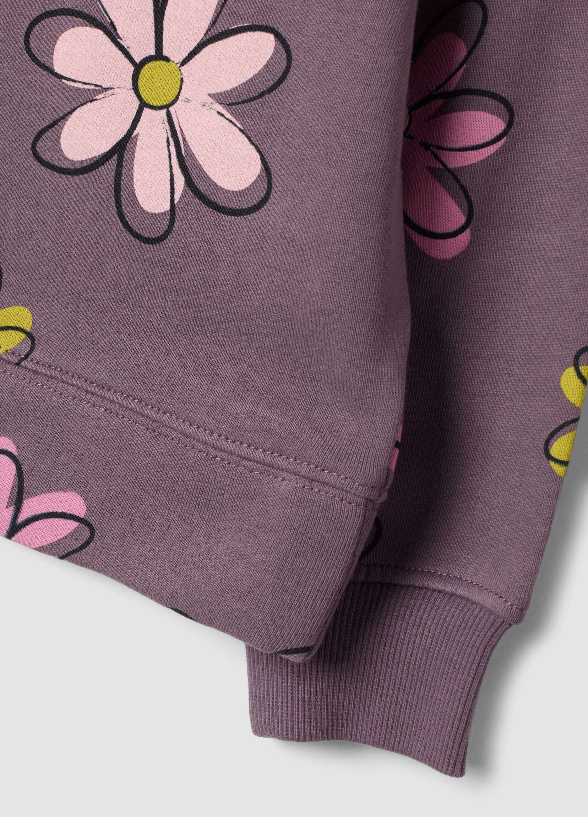 Felpa viola in puro cotone con stampa floreale e girocollo