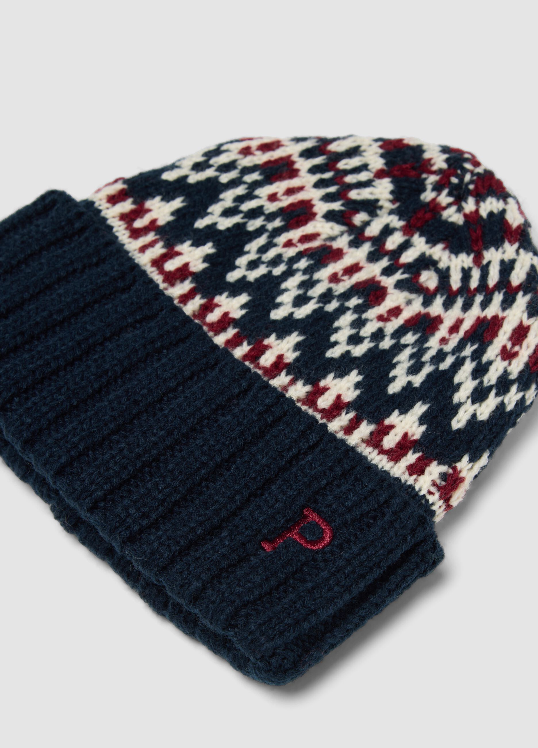 Beanie jacquard con risvolto a costine