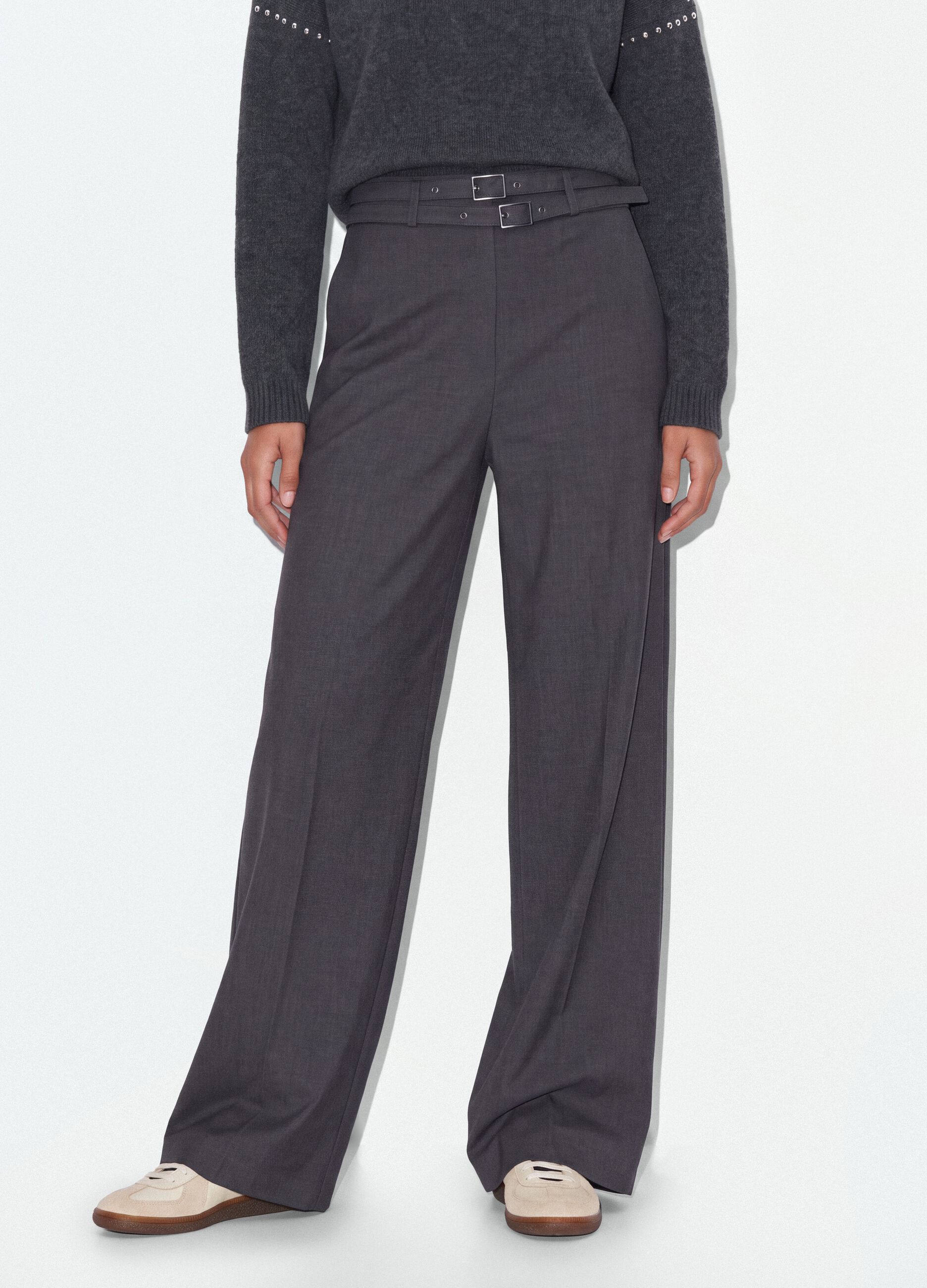 Grey formal stretch-viscose trousers with belt