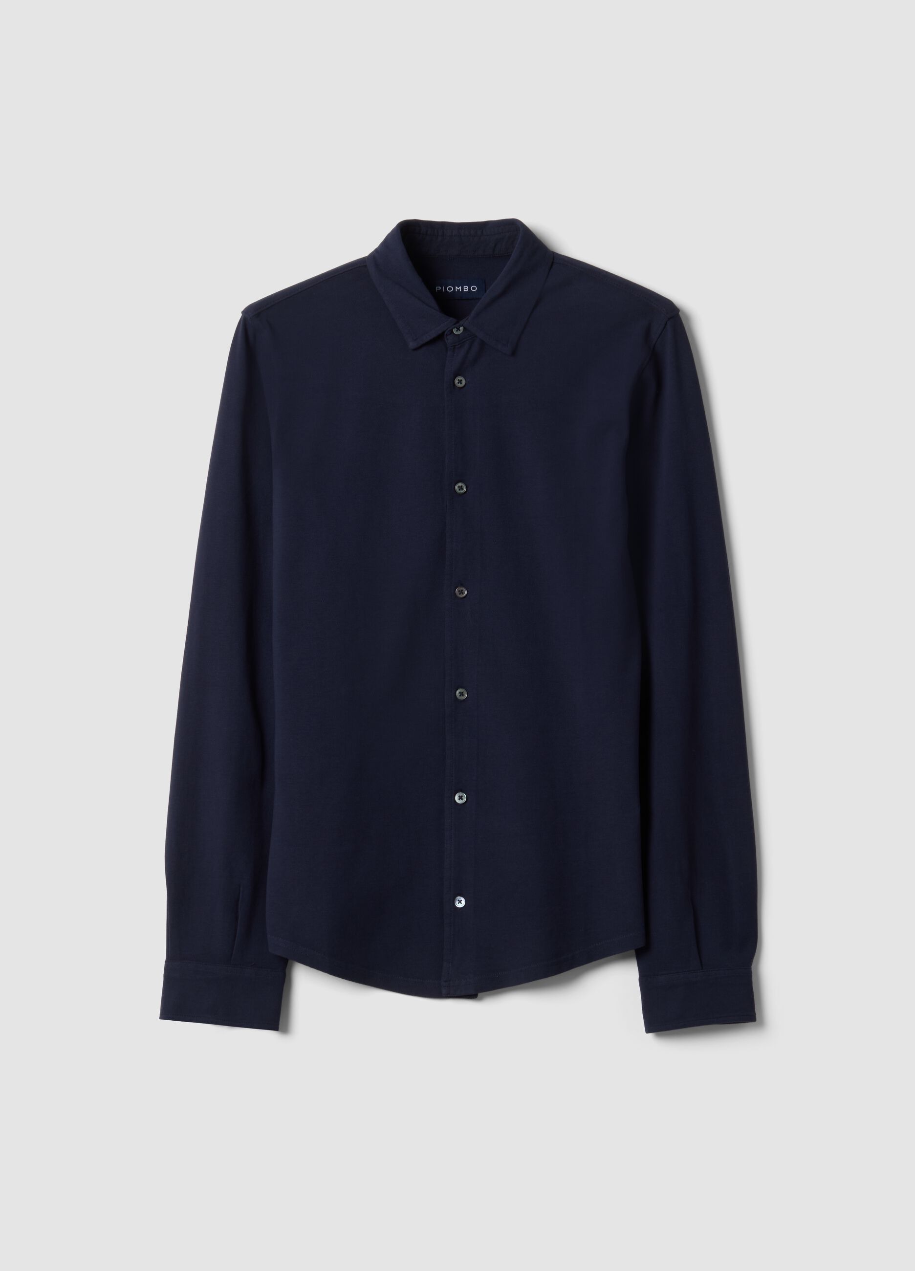 Blue long-sleeve pure cotton piqu&eacute; polo shirt, regular fit