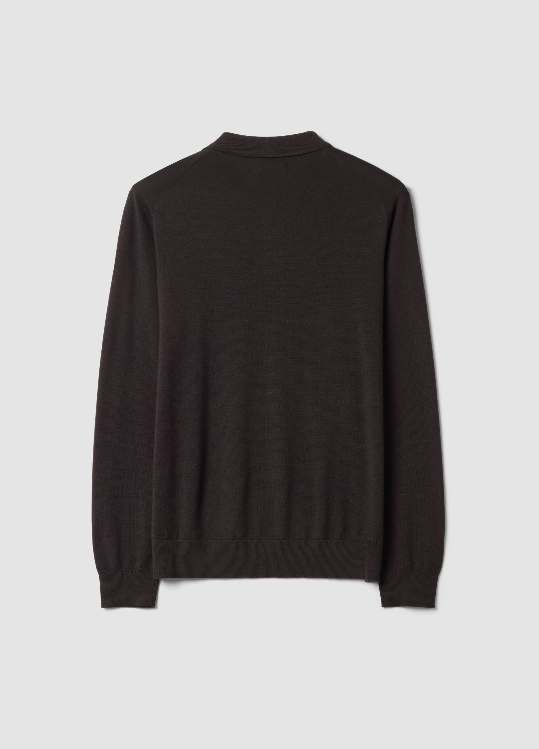 Brown pure merino wool polo jumper with polo collar
