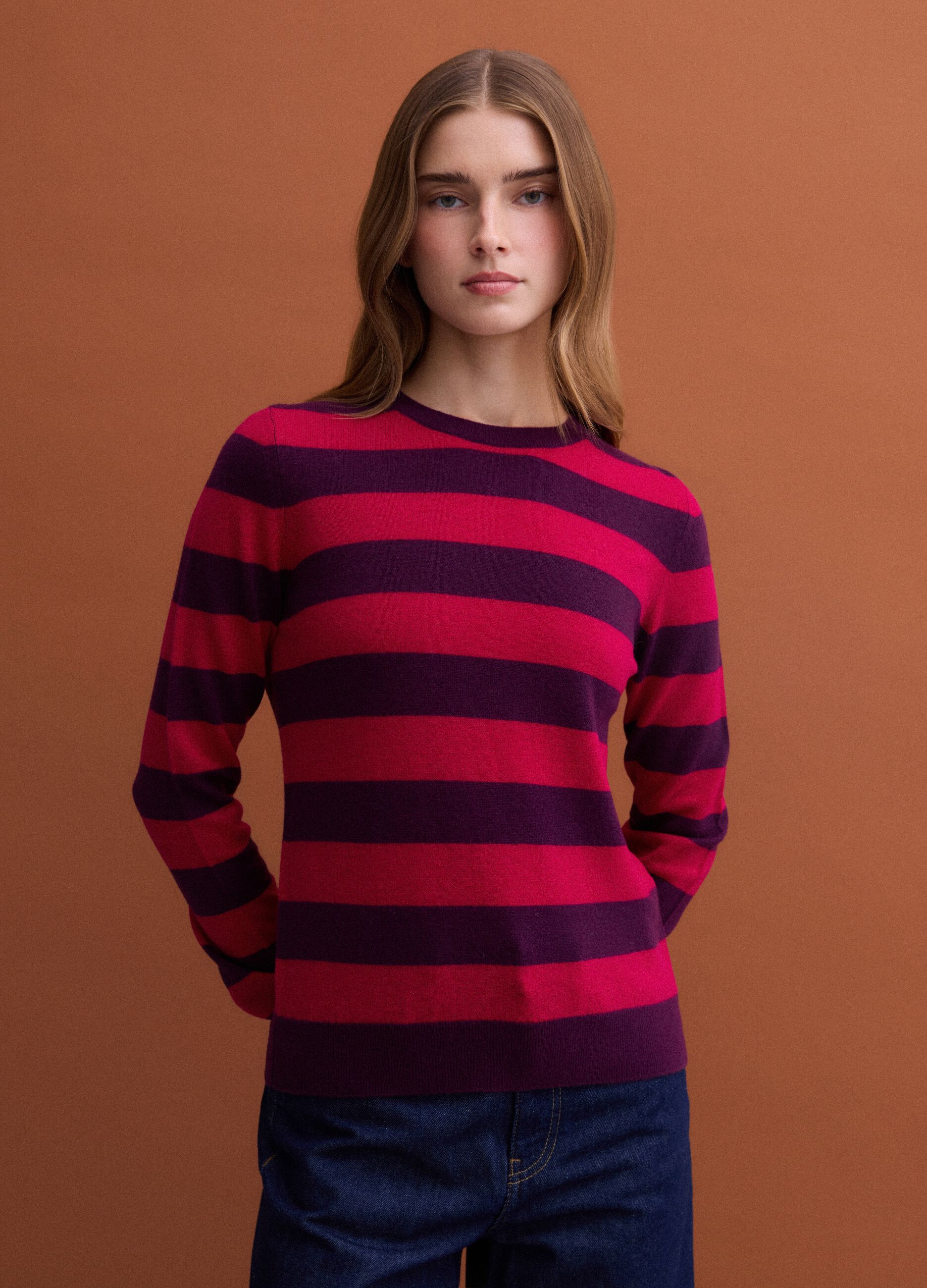 Red pure wool striped crew-neck jumper