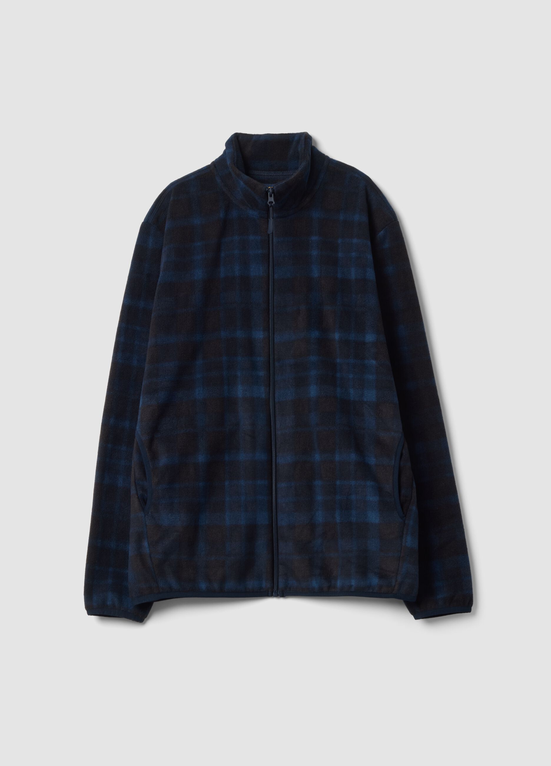 Blue checked fleece sweatshirt with collar, regular fit
