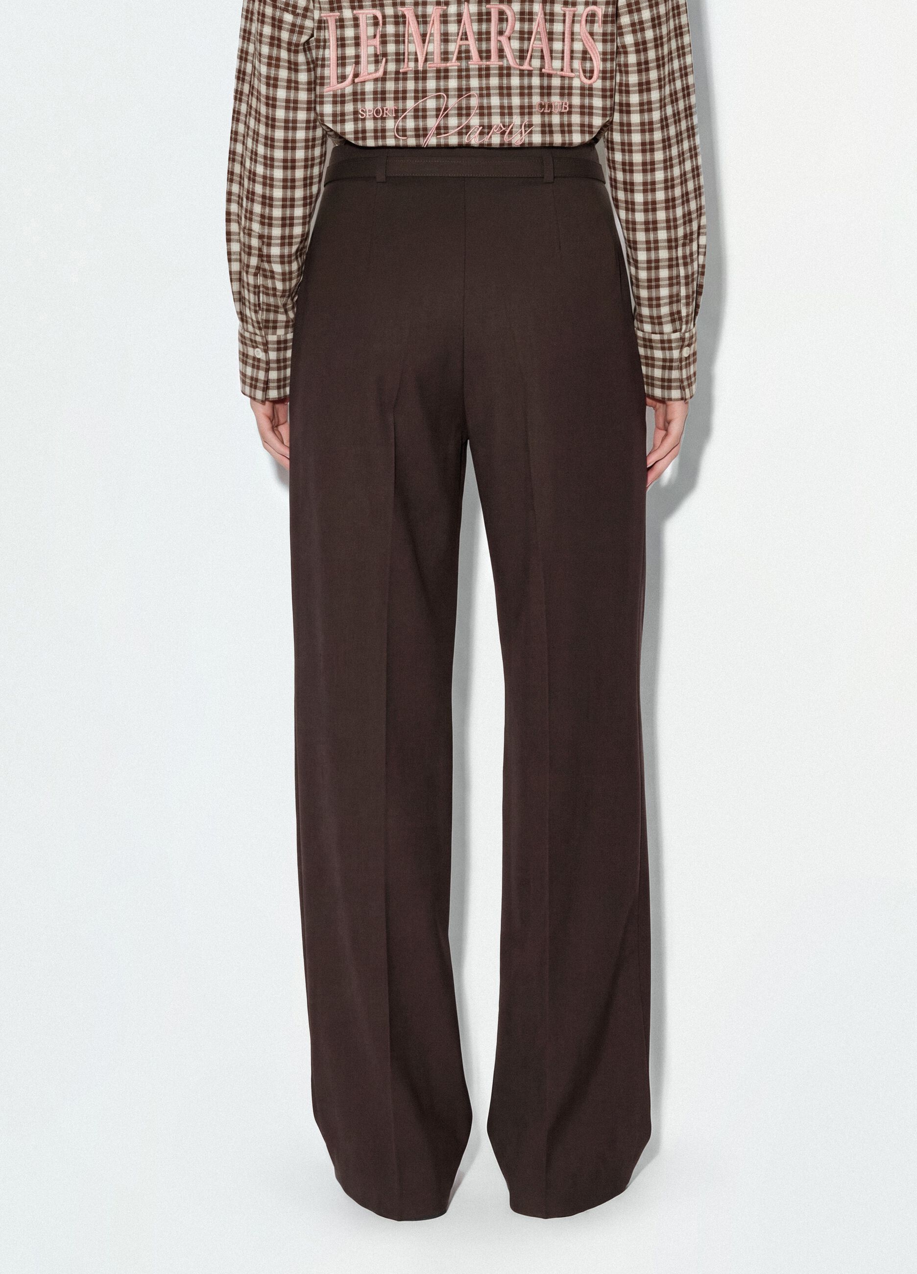 Pantaloni formali marroni in viscosa elasticizzata con cintura