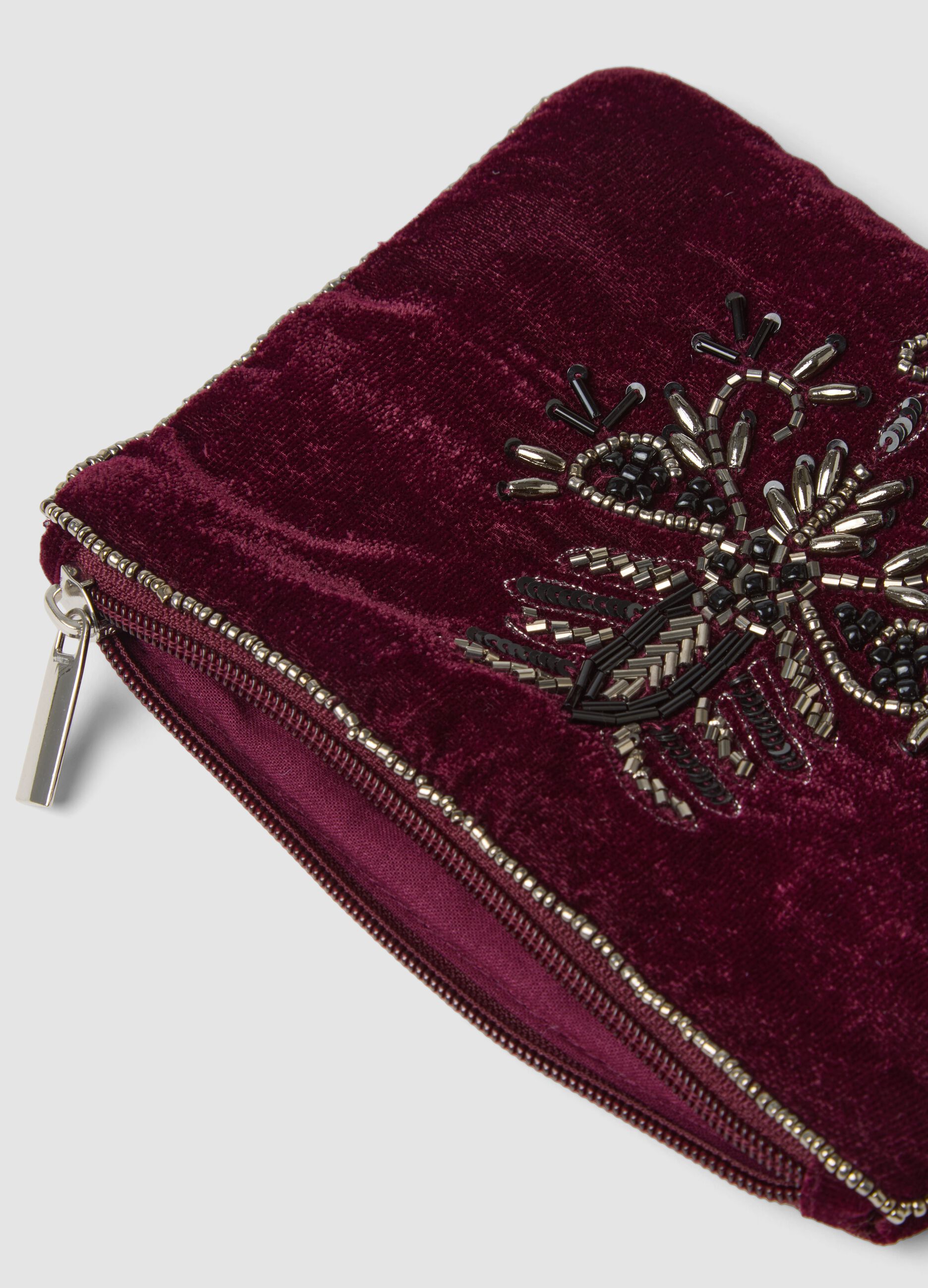 Pochette rossa con ricami di perline e zip