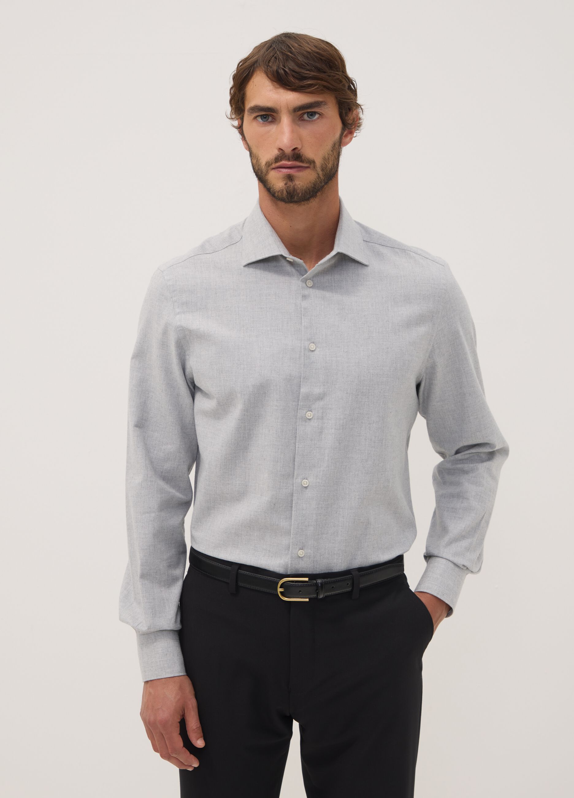 Grey pure cotton twill shirt, regular fit