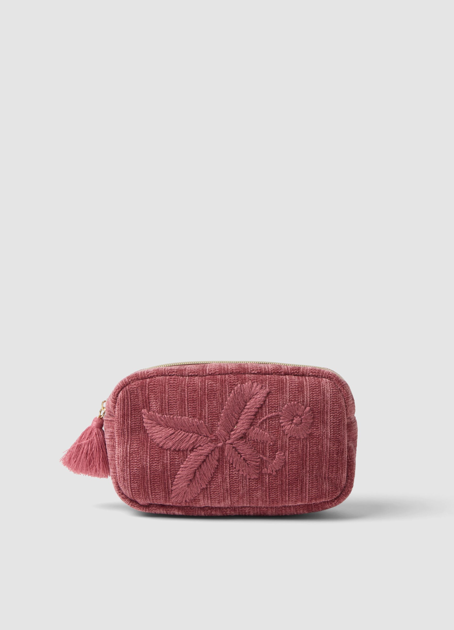 Pink beauty pouch with floral embroidery and tassel