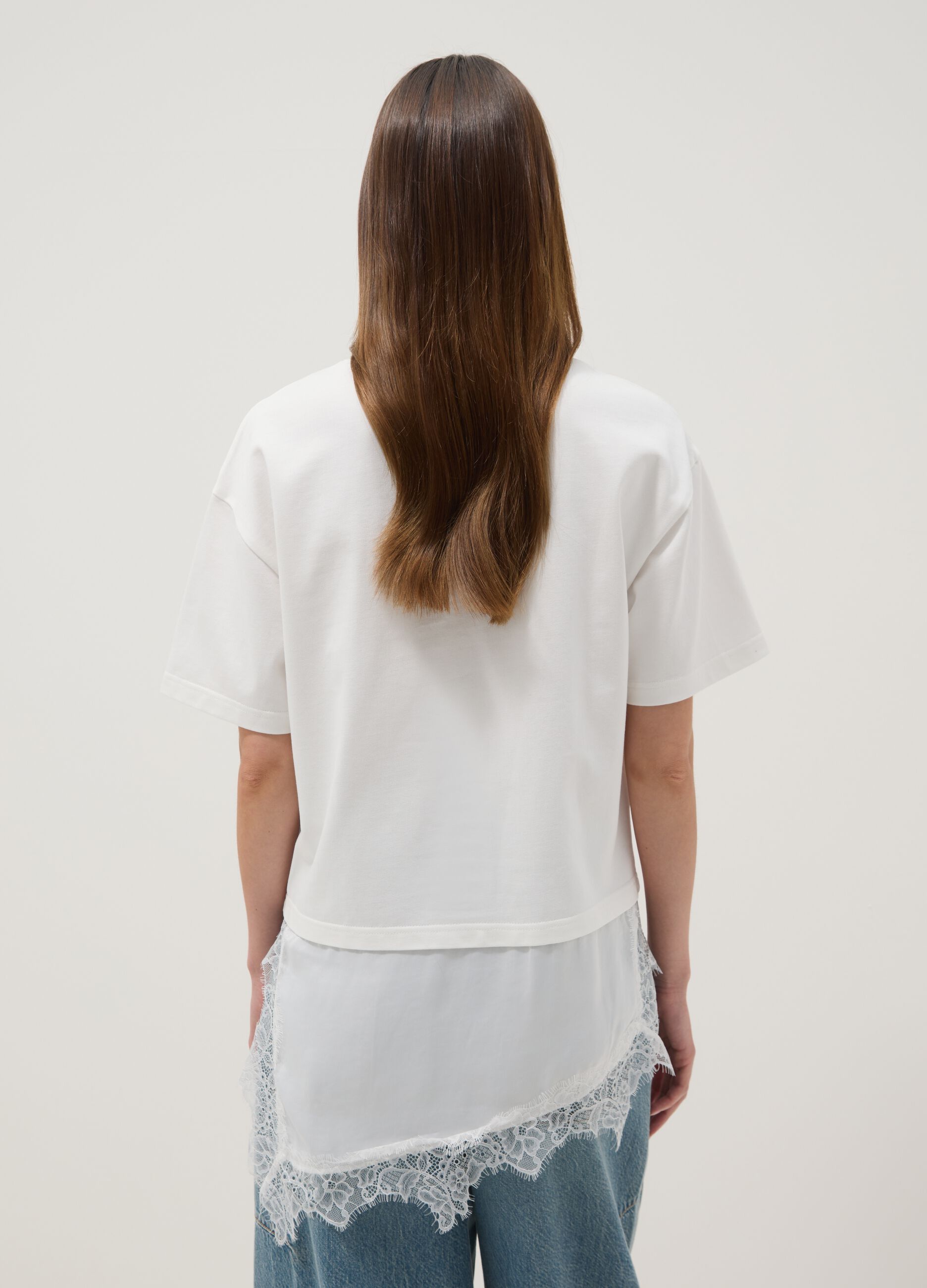 White pure cotton T-shirt with lace insert, relaxed fit