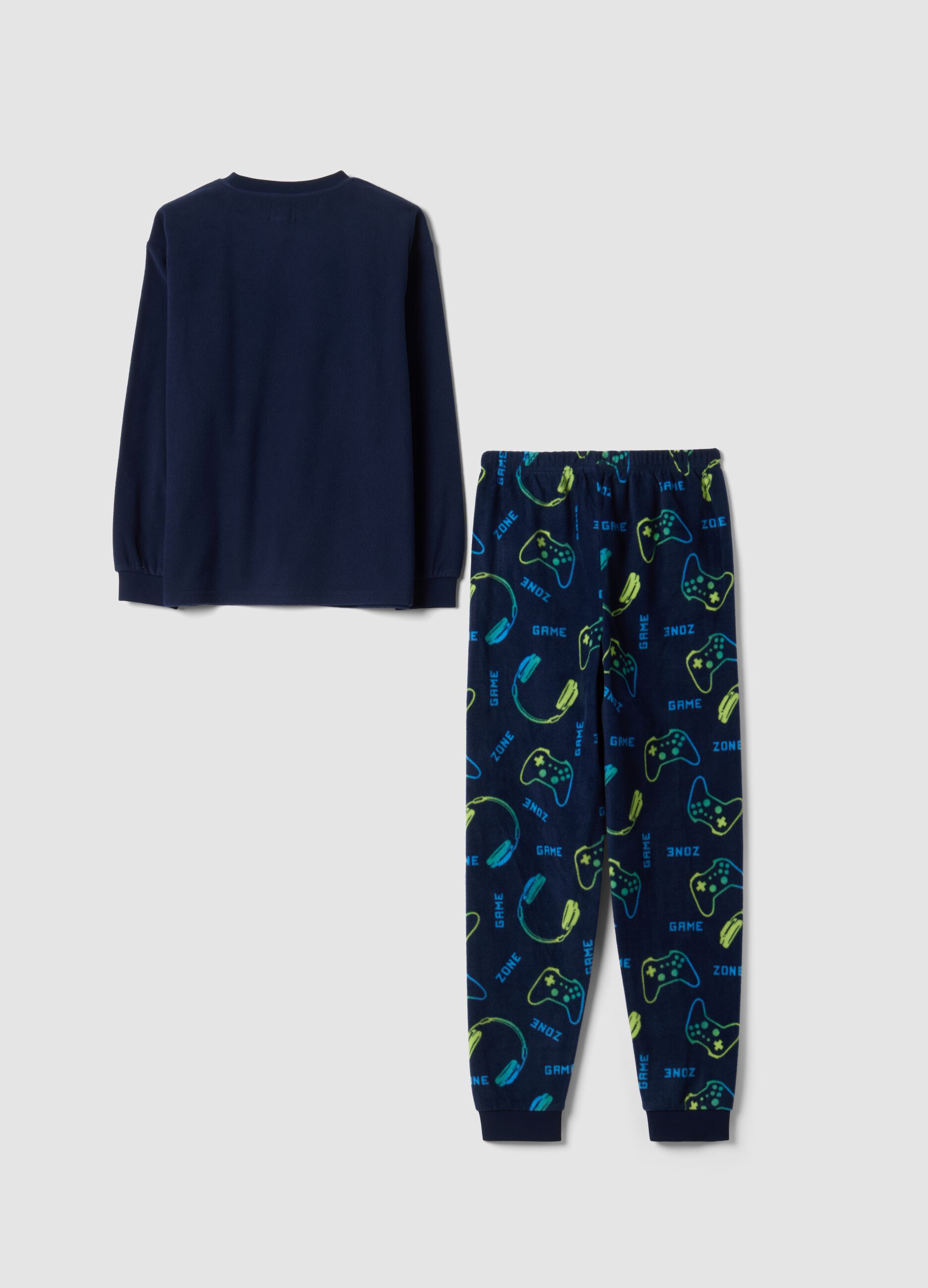 Blue crew-neck pyjamas with video game print trousers