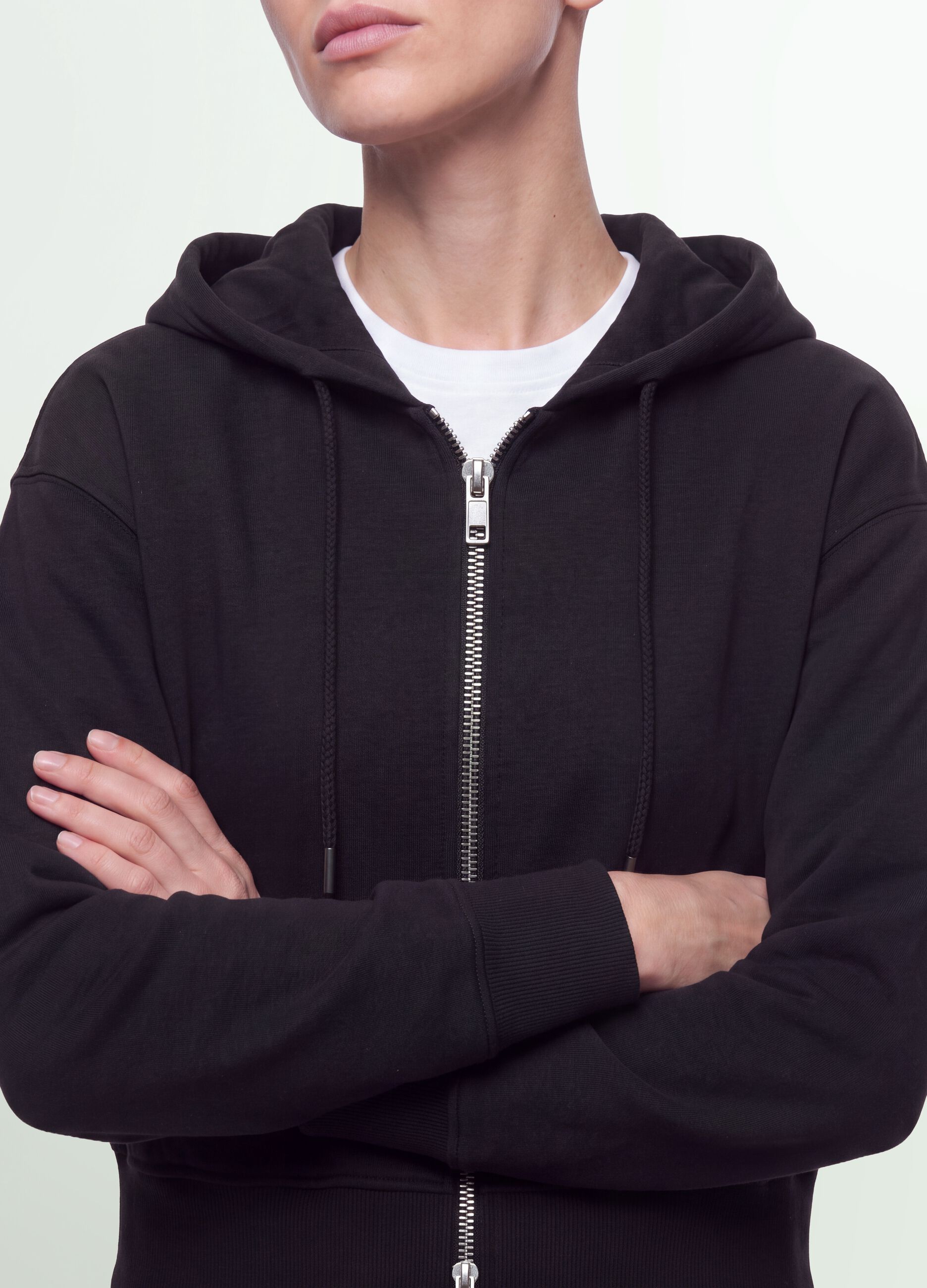 Black full-zip fitted cotton-blend hoodie