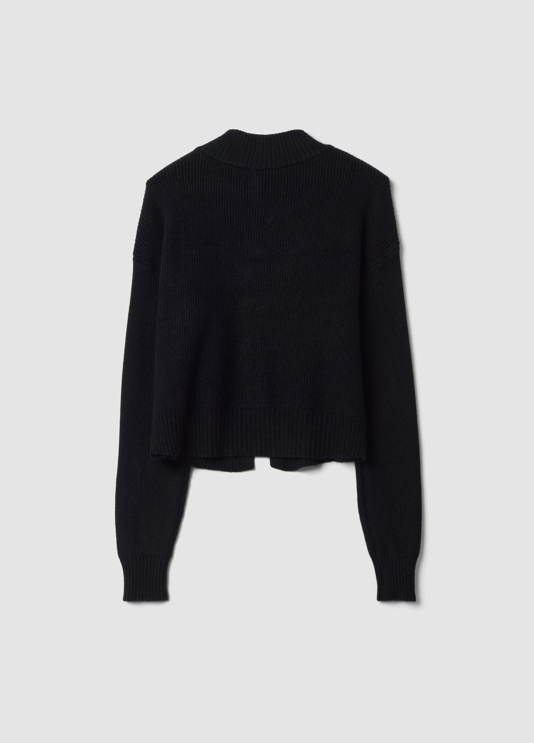 Black ribbed viscose-blend cardigan, regular fit
