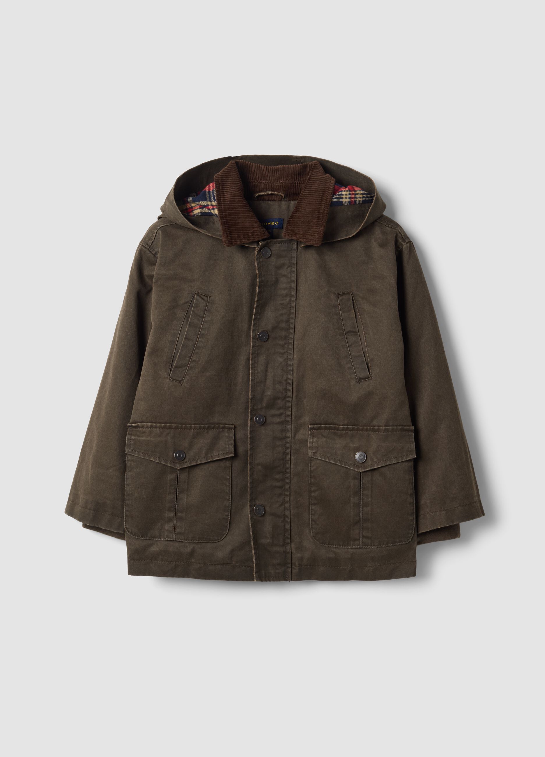 Green water-repellent padded cotton-blend jacket with hood