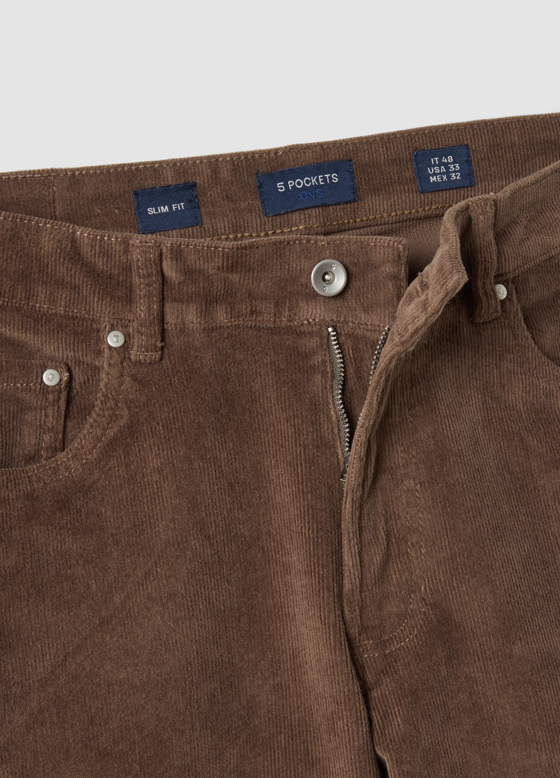 Pantaloni marroni in cotone elasticizzato a coste slim fit