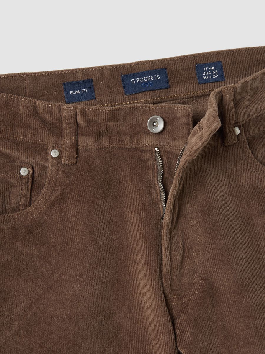 Brown slim-fit ribbed stretch cotton trousers_1