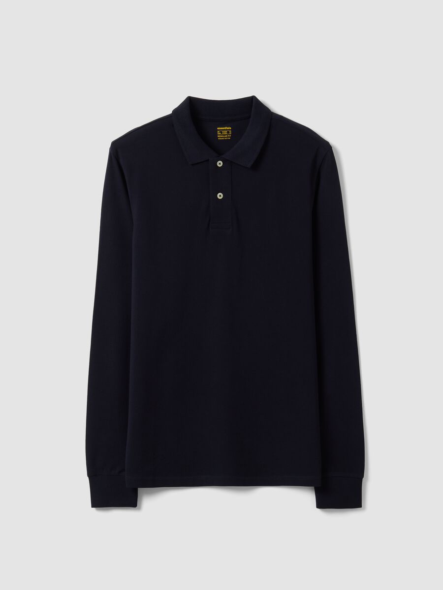Blue long-sleeved regular-fit polo shirt in pure organic cotton piqu&eacute;_3