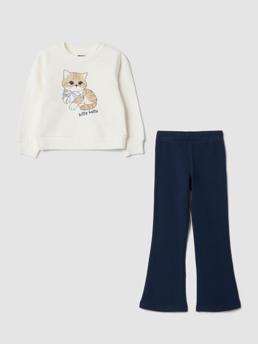 White pure cotton jogging set with kitten print_0