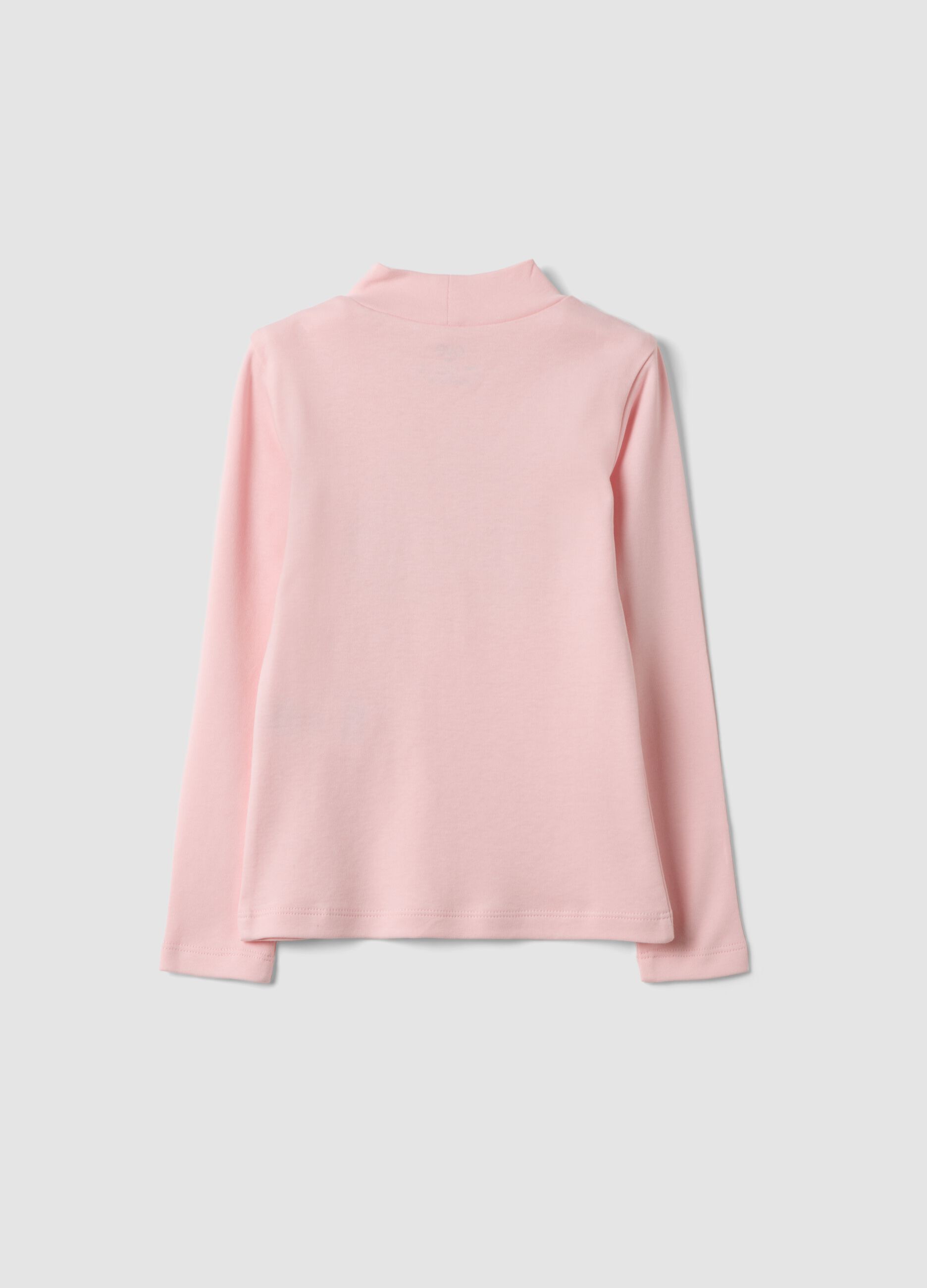 T-shirt rosa in puro cotone organico con collo rialzato e stampa animaletti