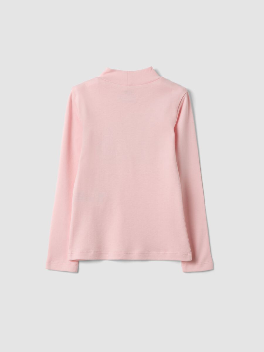 Pink organic cotton T-shirt with raised neck and animal print_1