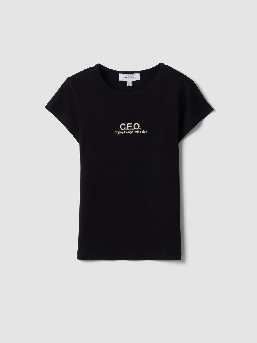 Black pure cotton crew-neck T-shirt with slogan_0