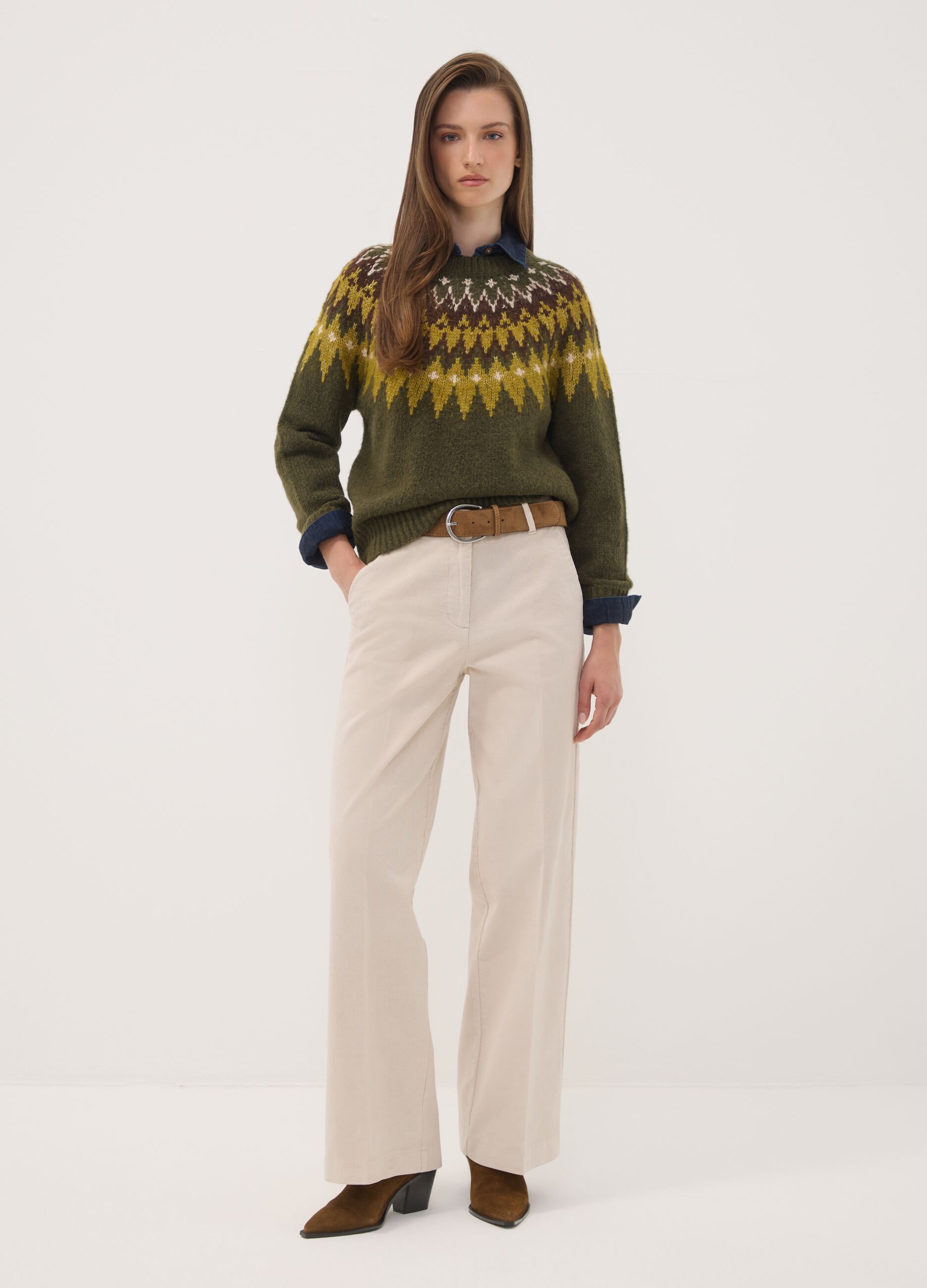Maglia verde jacquard girocollo