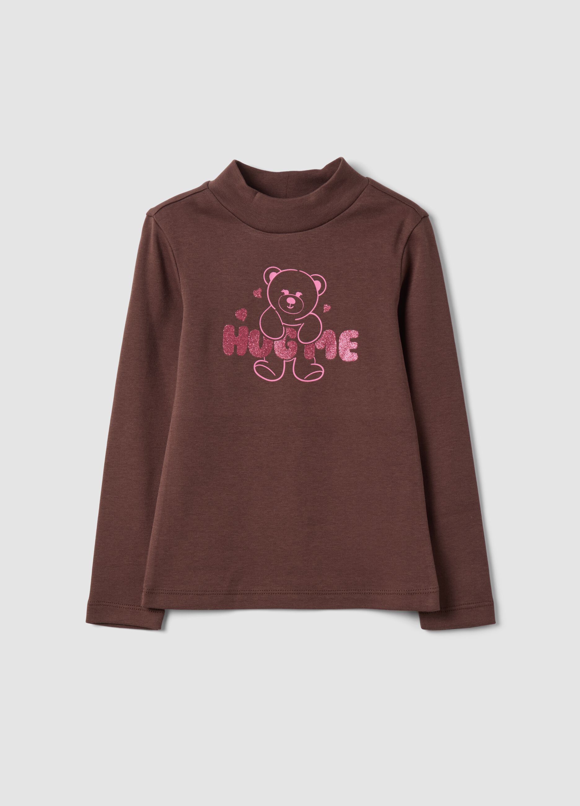 Brown organic cotton T-shirt with high neck