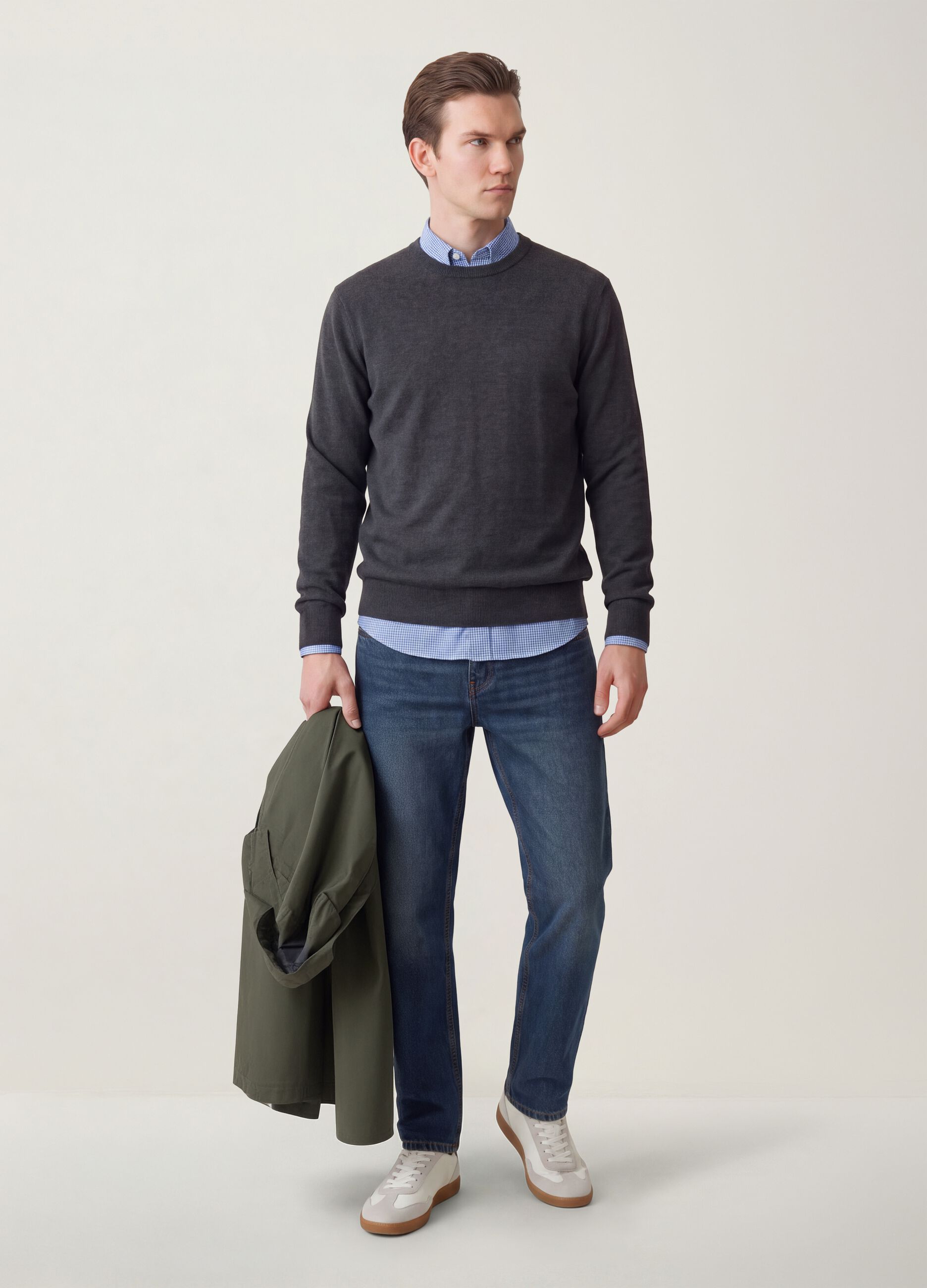 Maglia grigia in misto cotone e cashmere girocollo