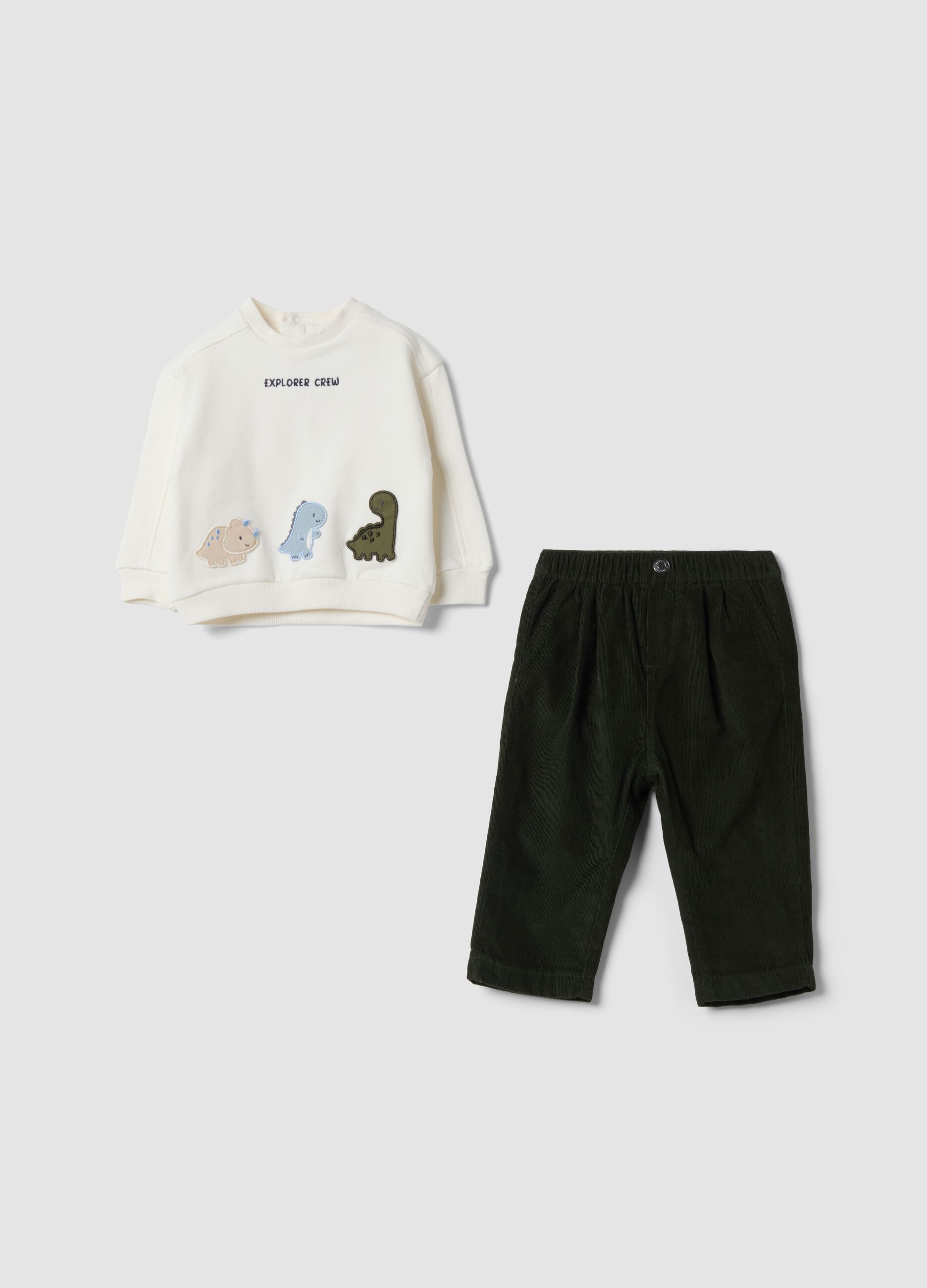 Green and white pure cotton set with dinosaur print
