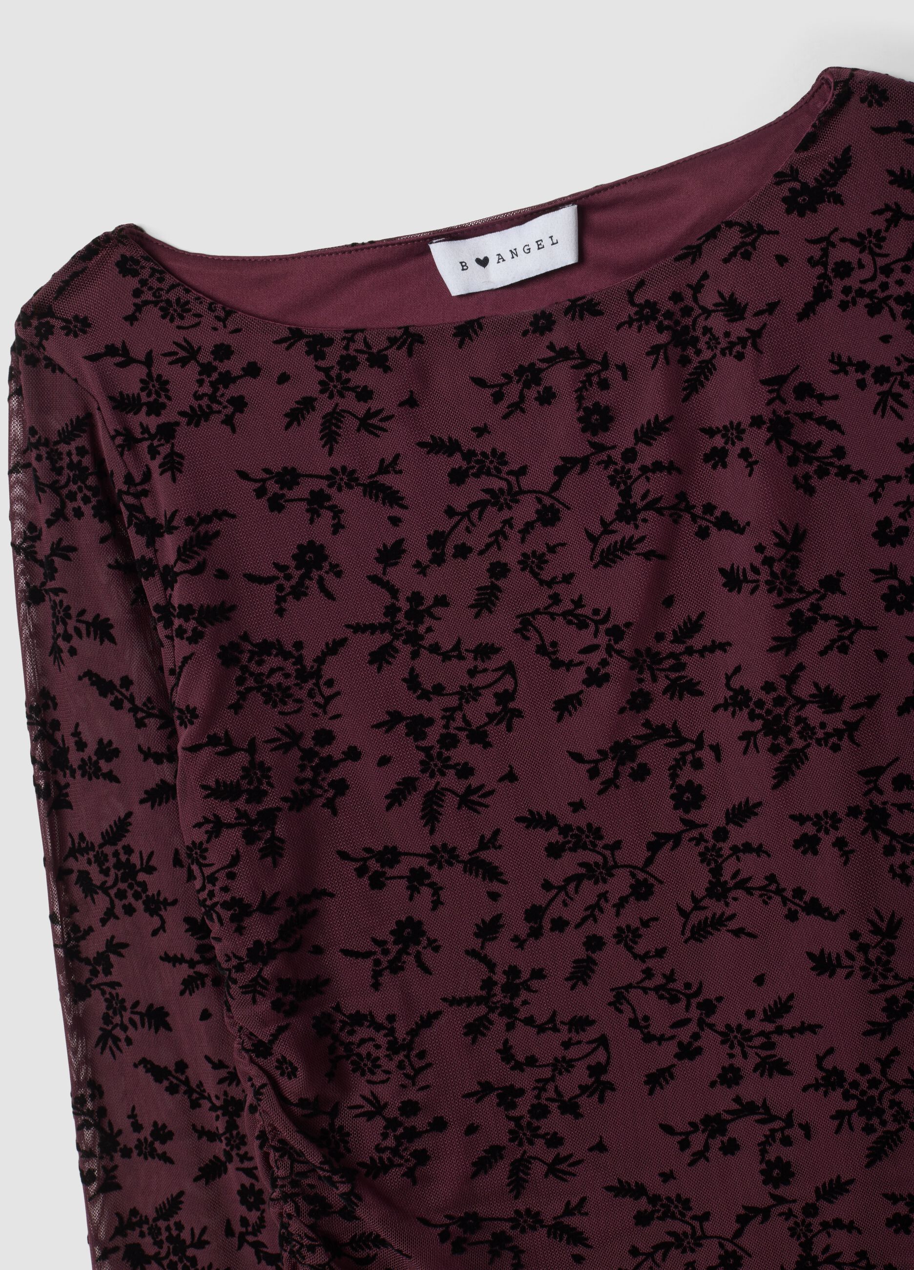 Purple stretch T-shirt with flocked floral motif