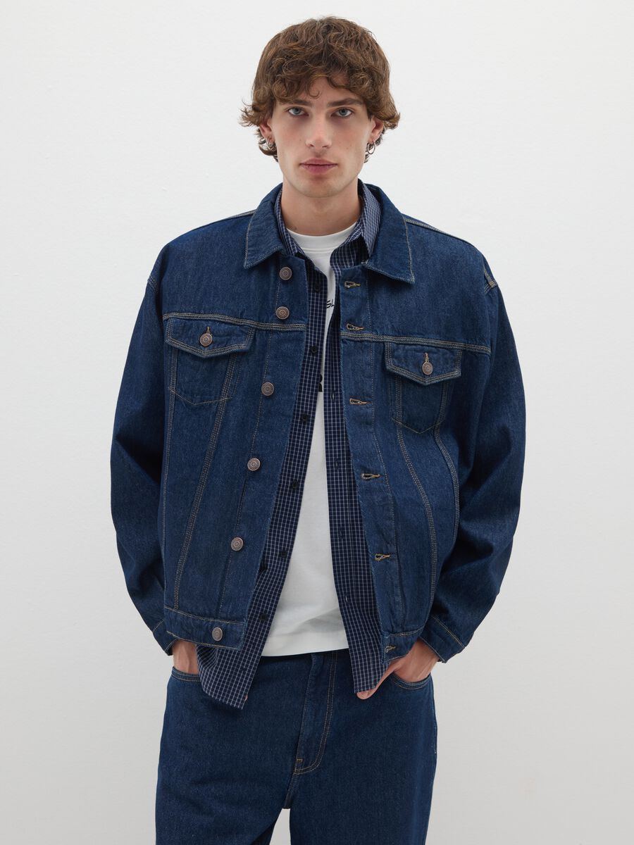 Blue denim pure cotton jacket with oversized fit_0