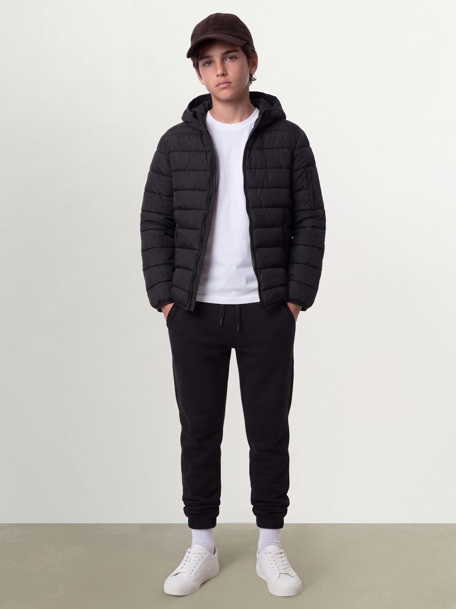 Black Ultralight padded hooded jacket with zip for boys_1