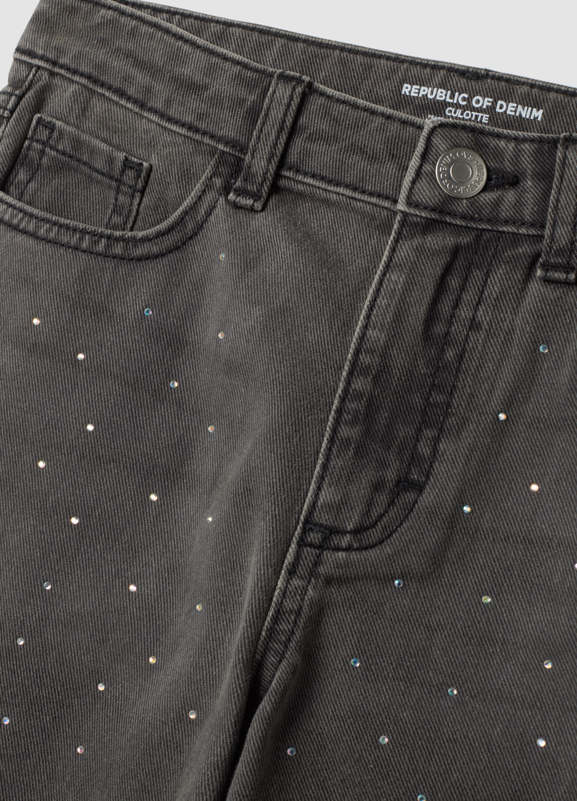 Grey wide-leg pure cotton jeans with rhinestones