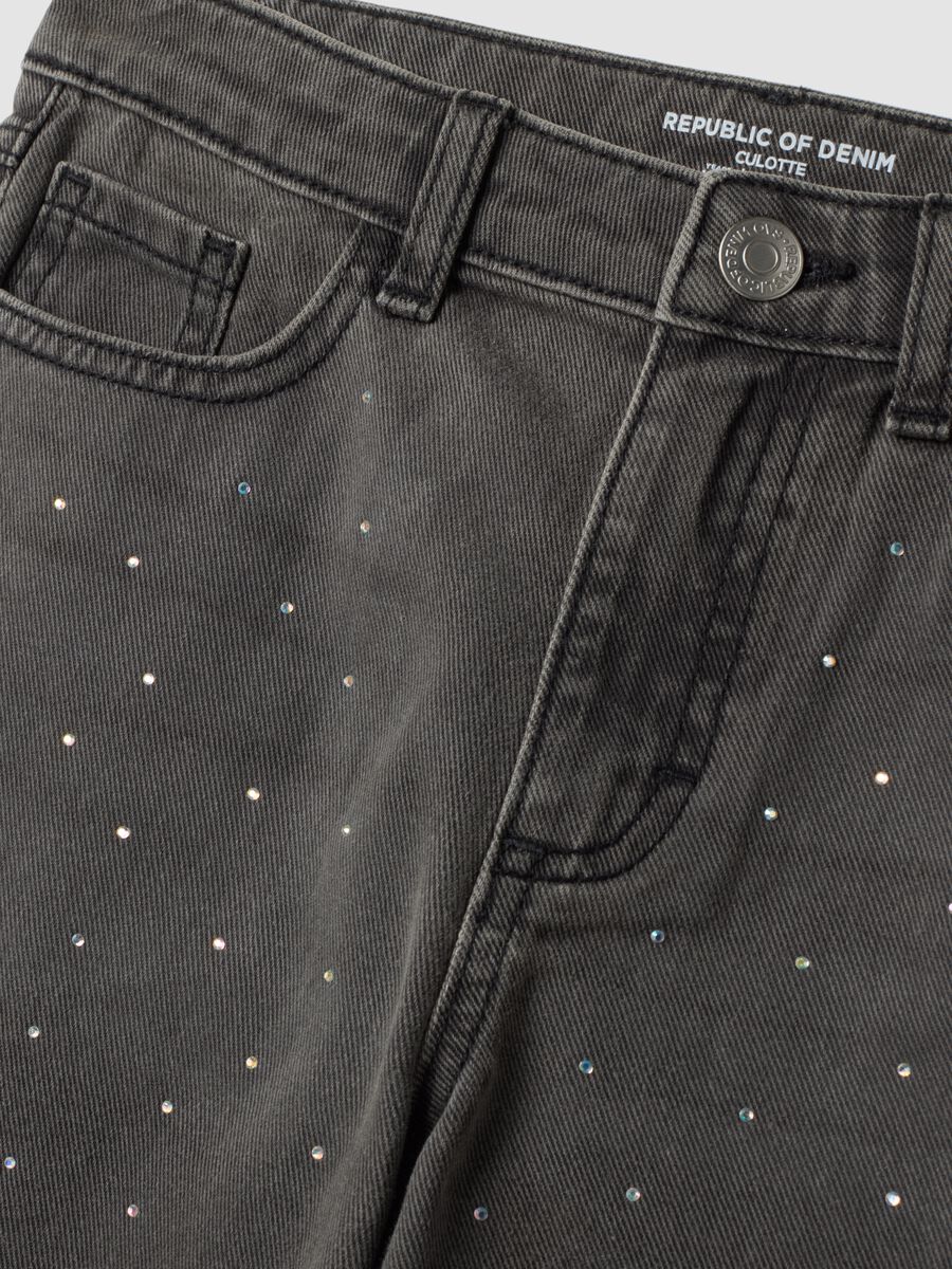 Grey wide-leg pure cotton jeans with rhinestones_1