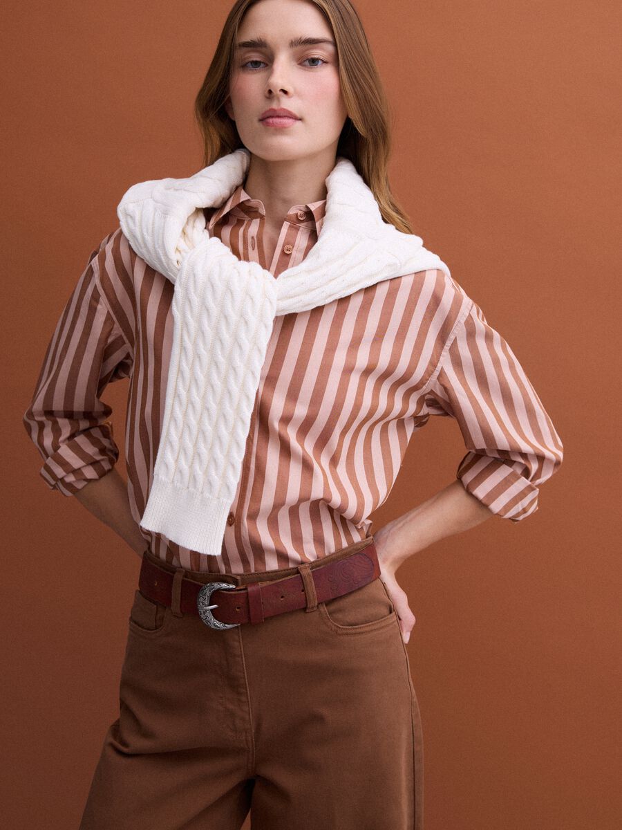 Brown striped pure cotton poplin shirt, regular fit_1