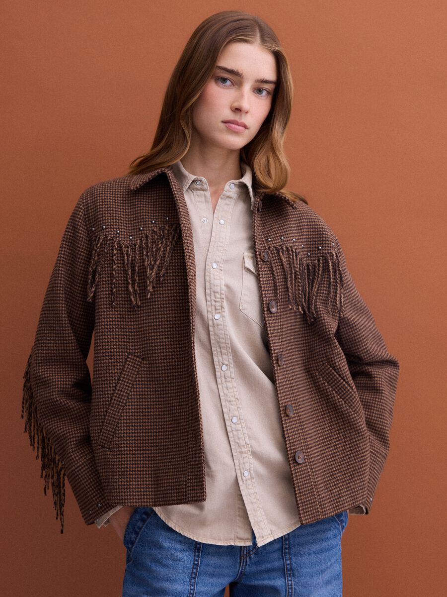 Brown wool-viscose blend blazer with applied fringes_0