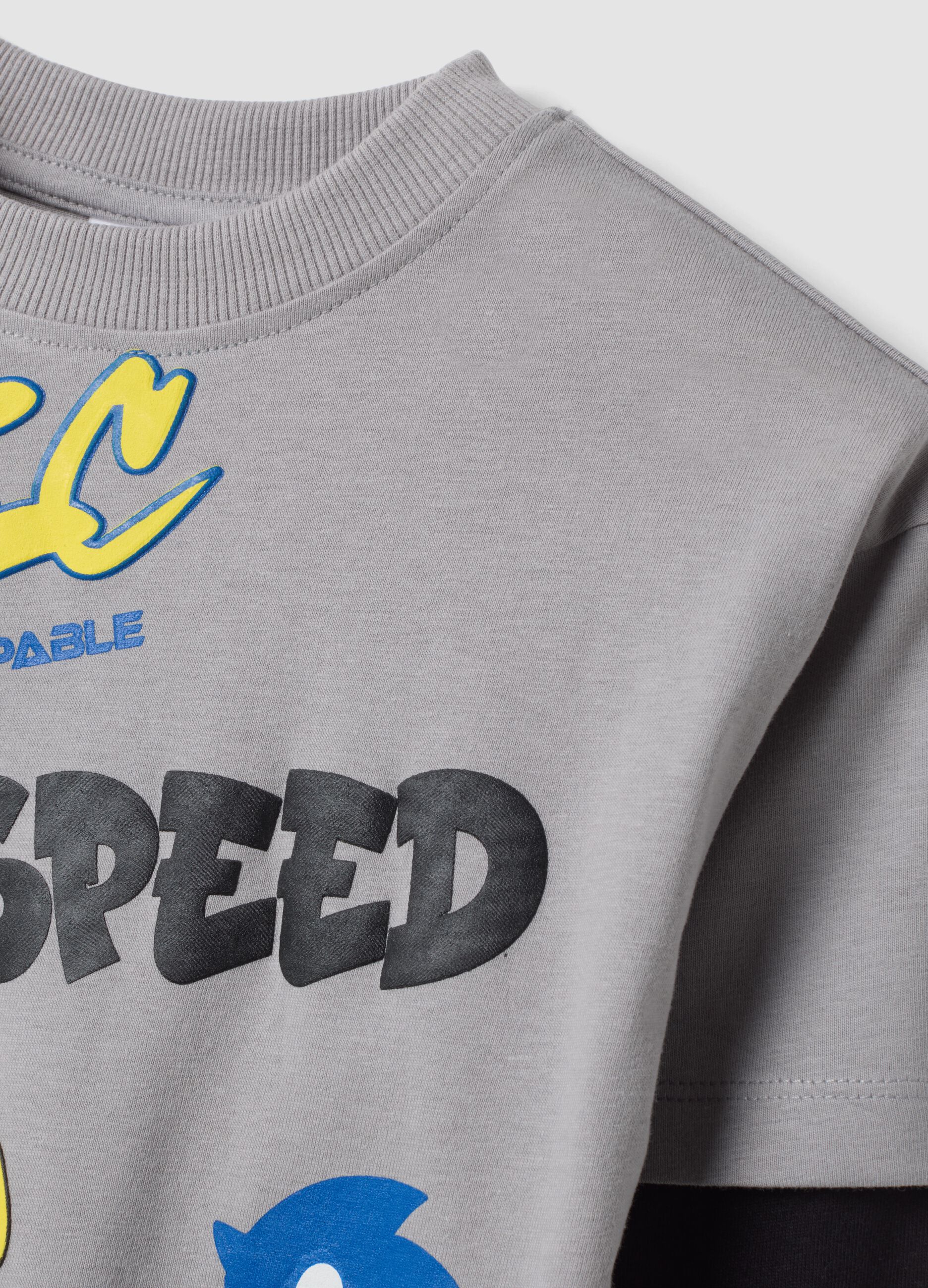 Grey pure cotton jersey T-shirt with Sonic print, oversized fit