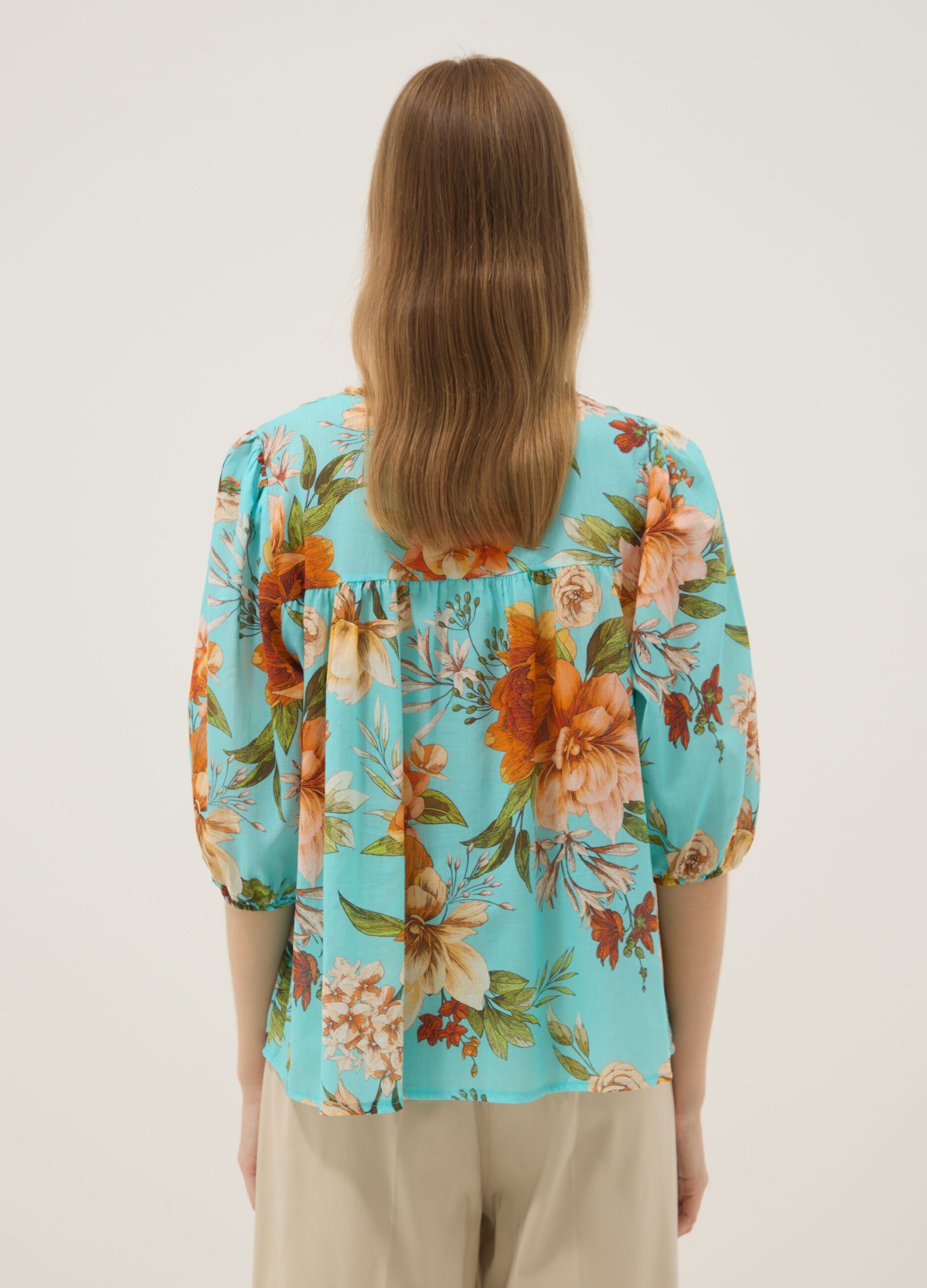 Blue pure cotton blouse with floral print