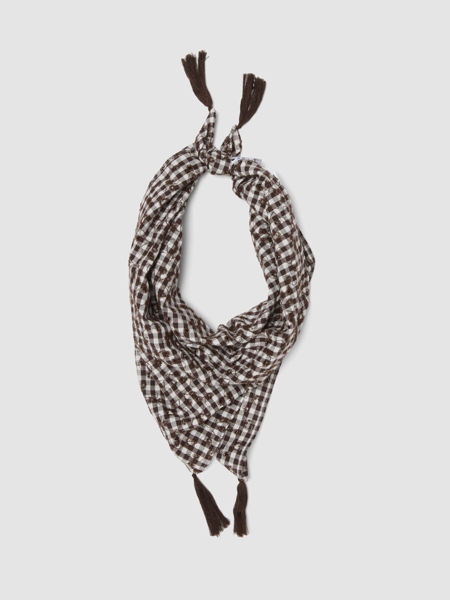Brown cotton and viscose blend scarf with check pattern_0