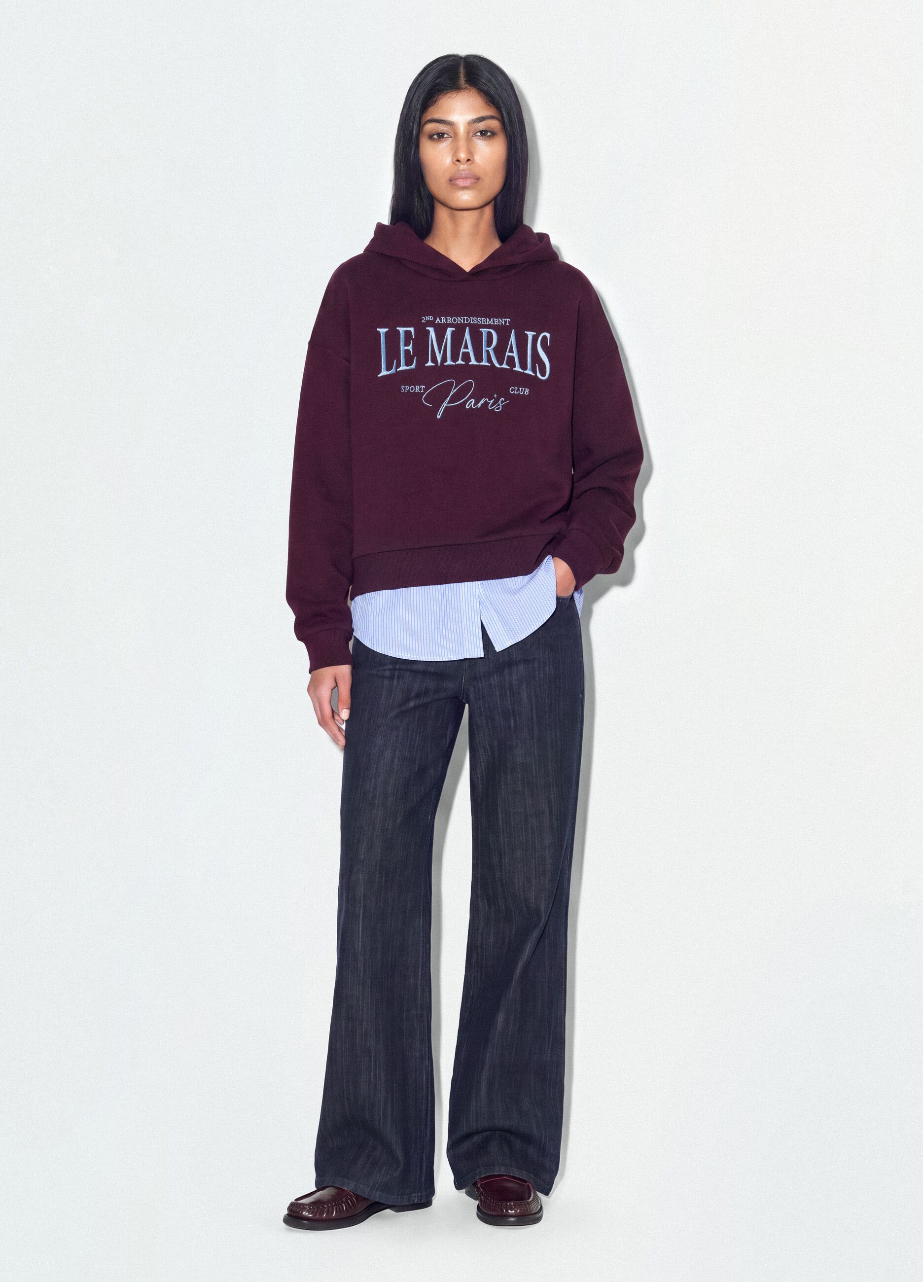Felpa viola in misto cotone con cappuccio e finta camicia