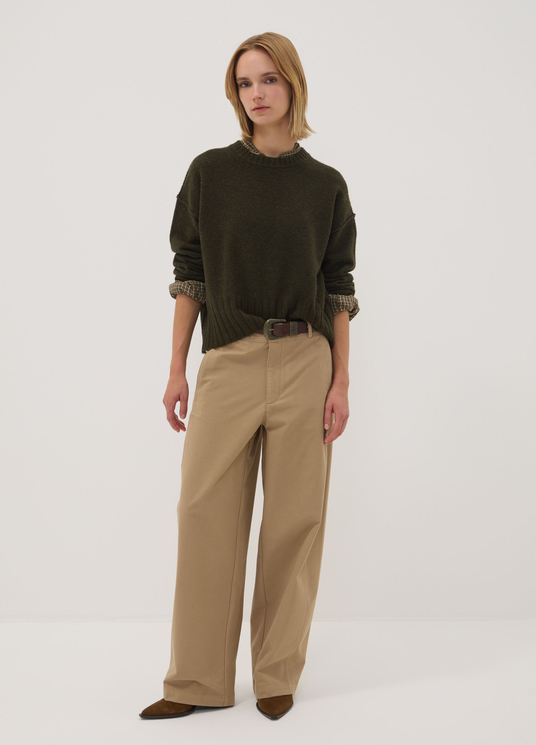The Iconic Pants beige stretch cotton-blend barrel-fit trousers