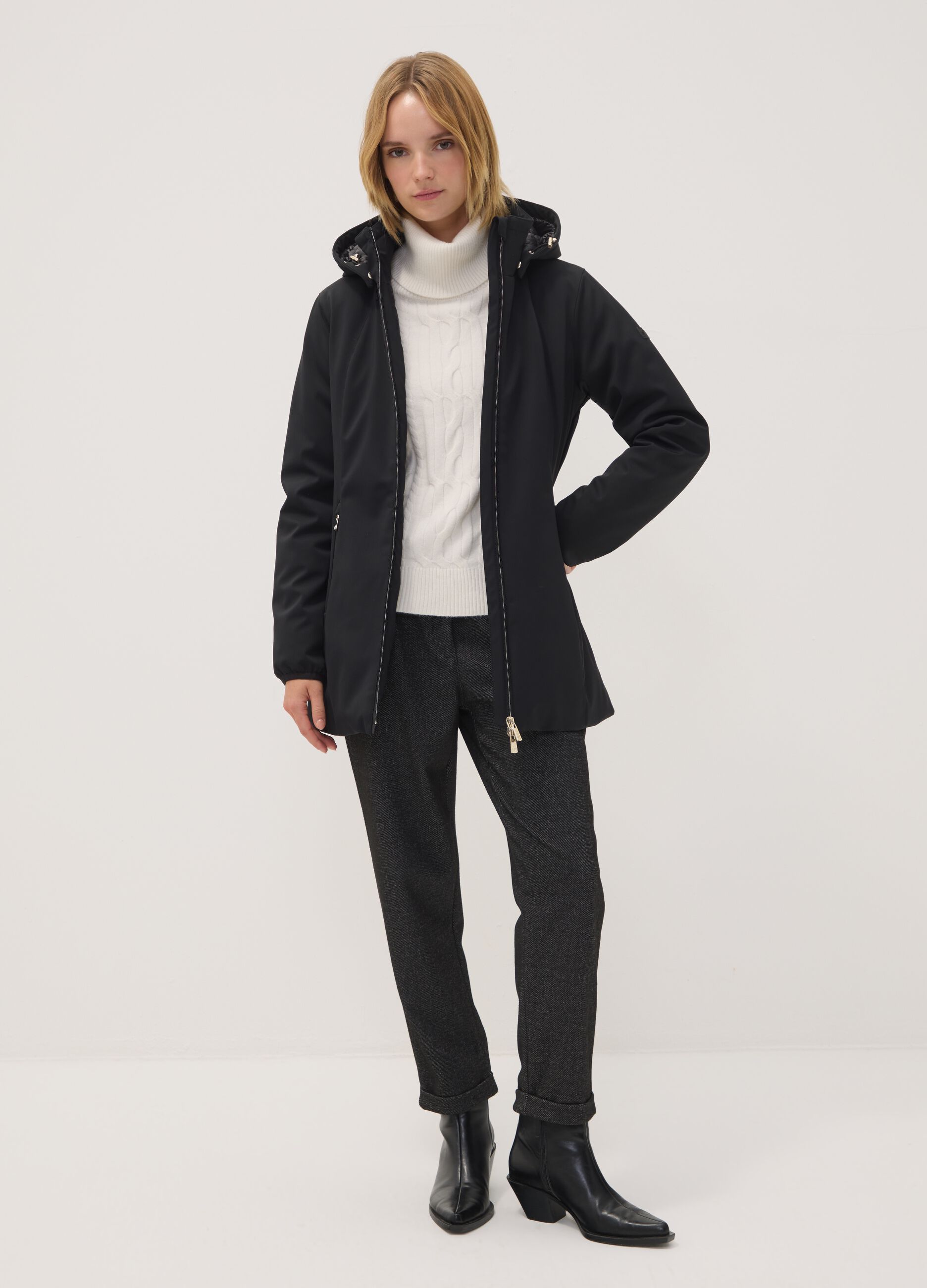 Black stretch-fabric parka with hood, regular fit