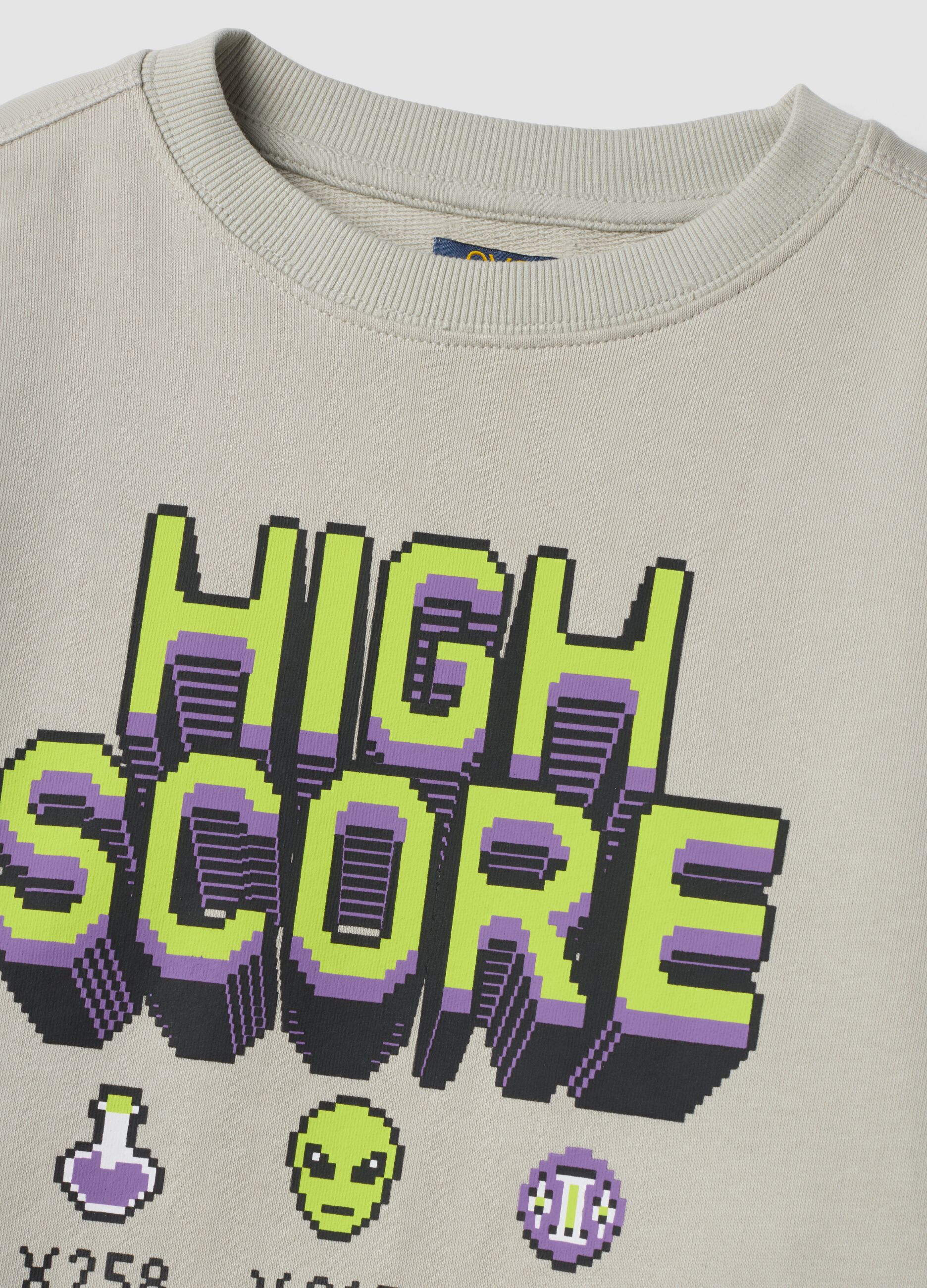 Grey 100% cotton gaming-print crew-neck sweatshirt