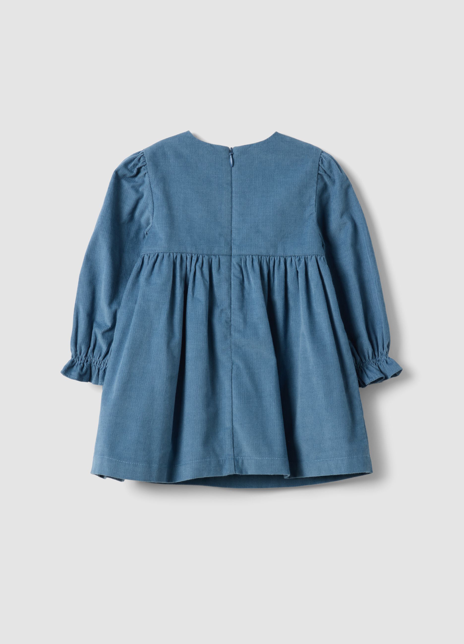 Blue pure cotton dress with floral embroidery and crew neck, oversized fit