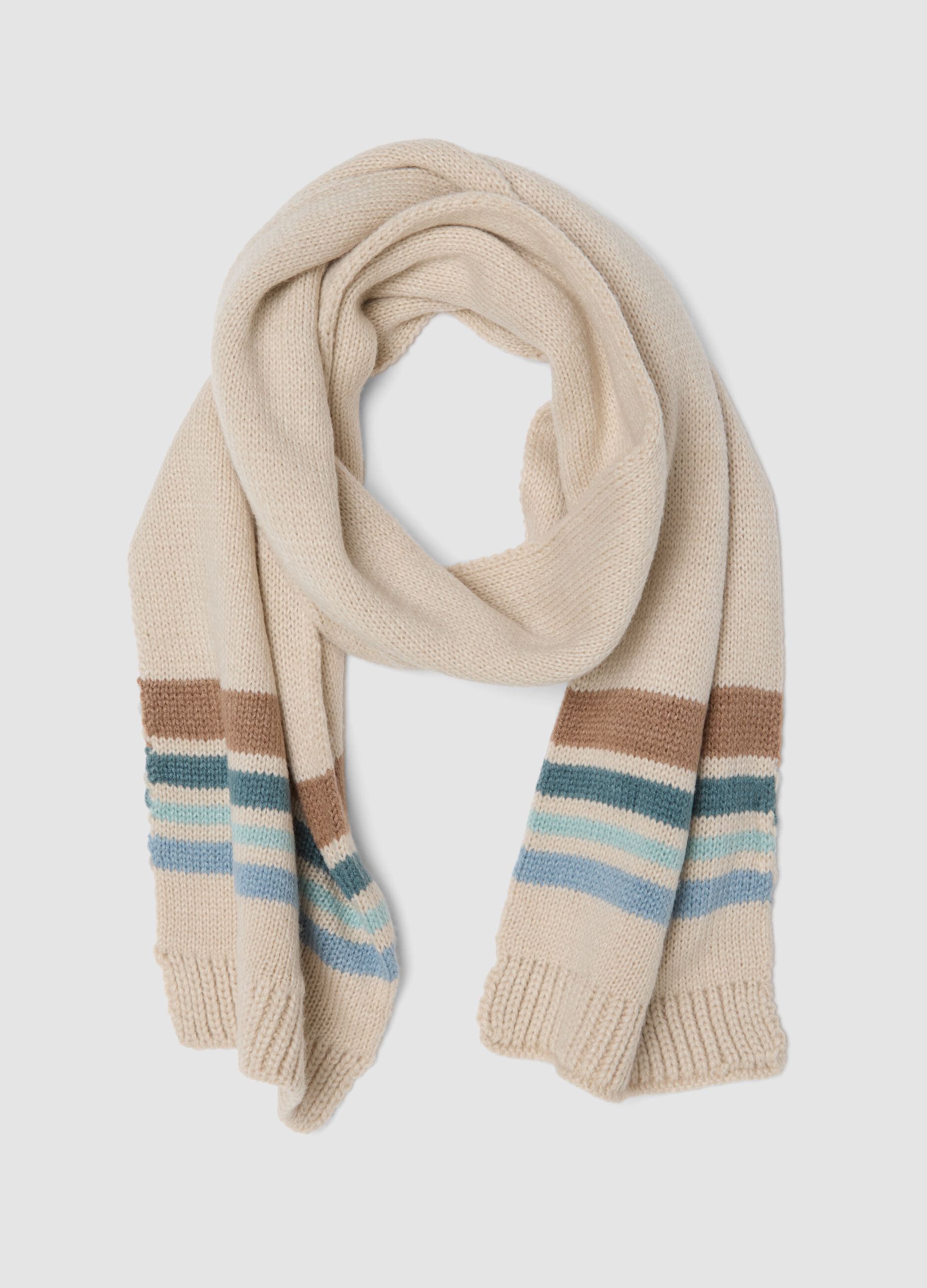 Sciarpa beige in maglia con righe a contrasto