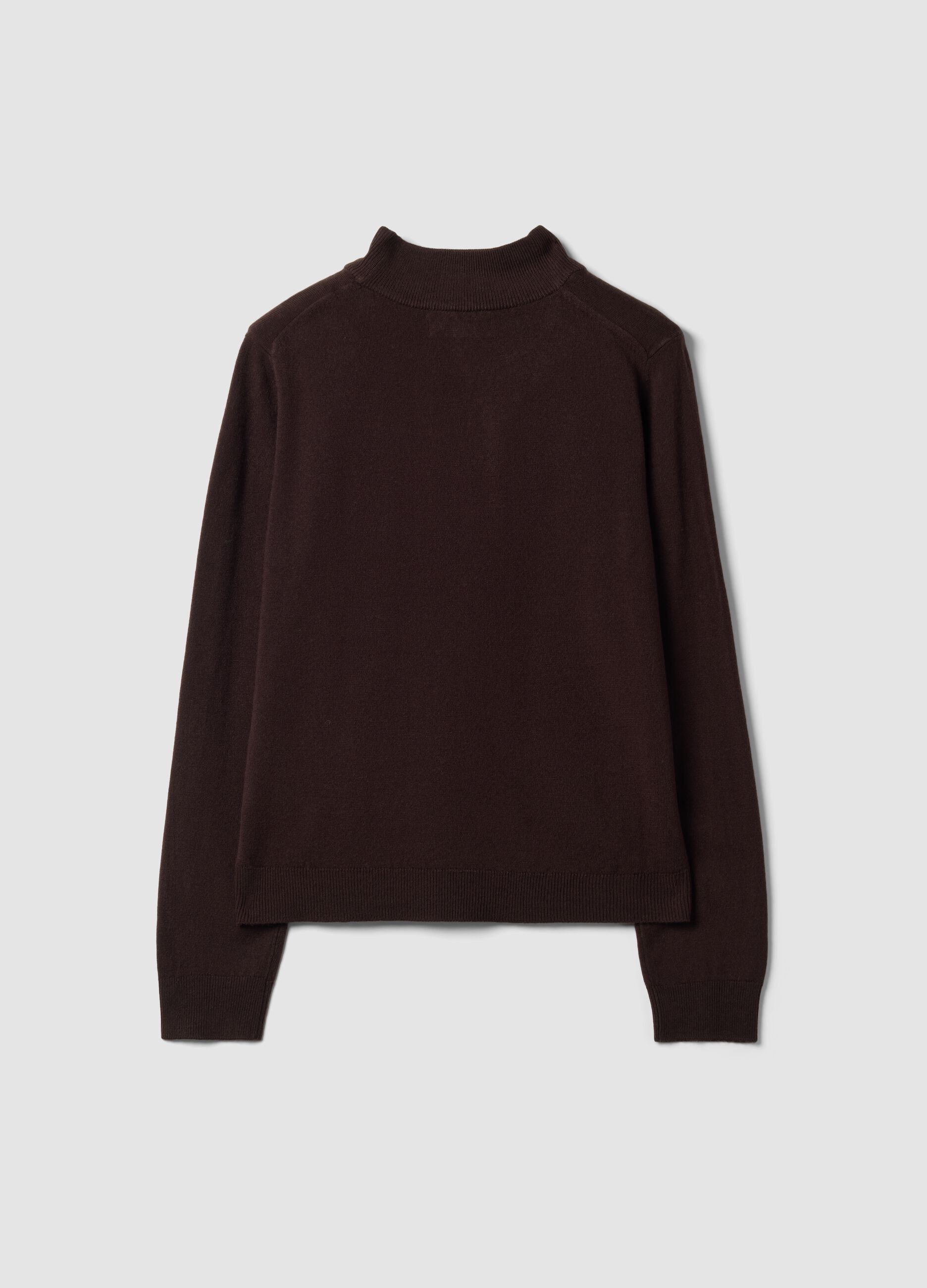 Brown long-sleeve top with raised neck, regular fit