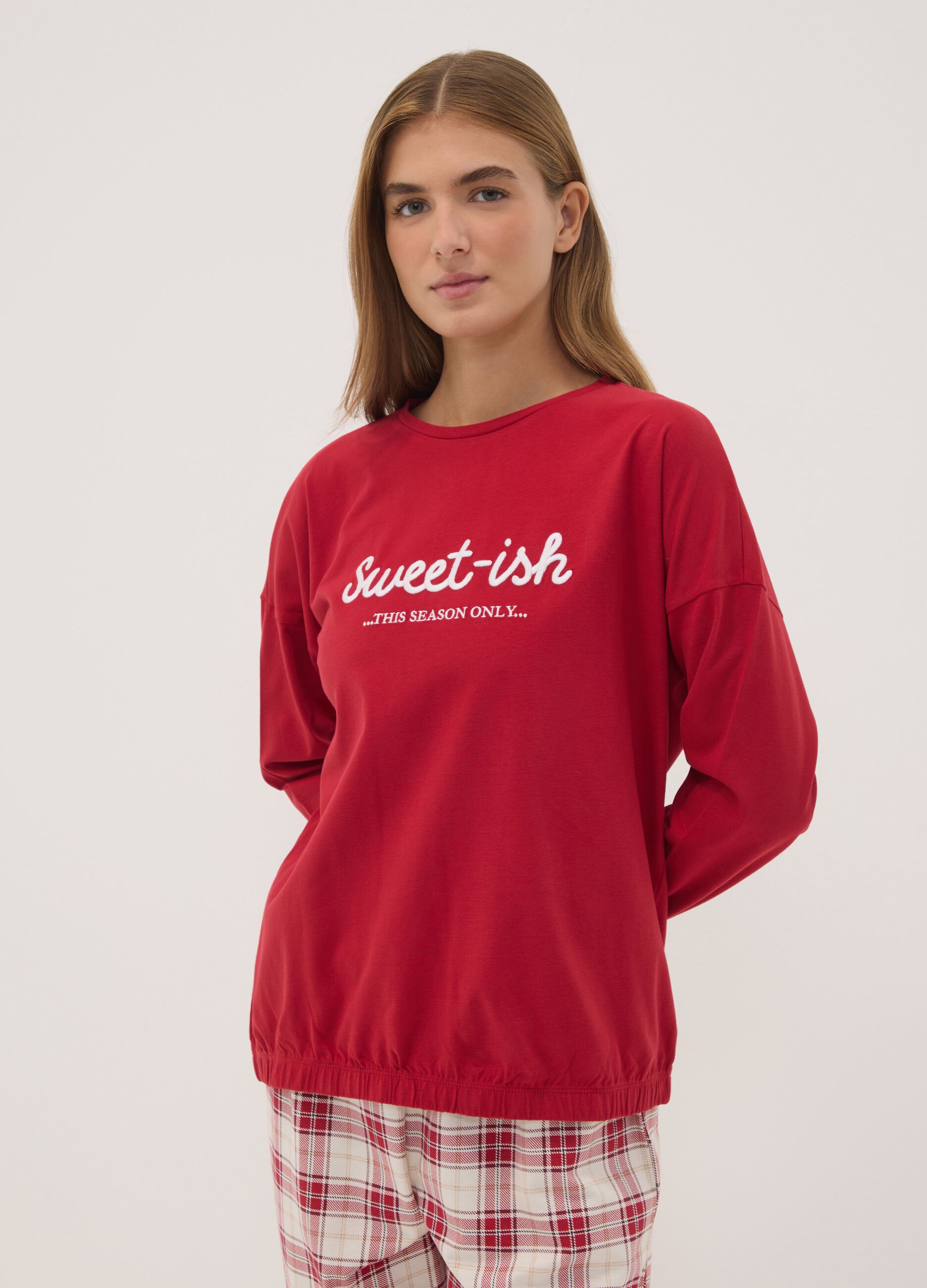 Red pure organic cotton crew-neck pyjamas